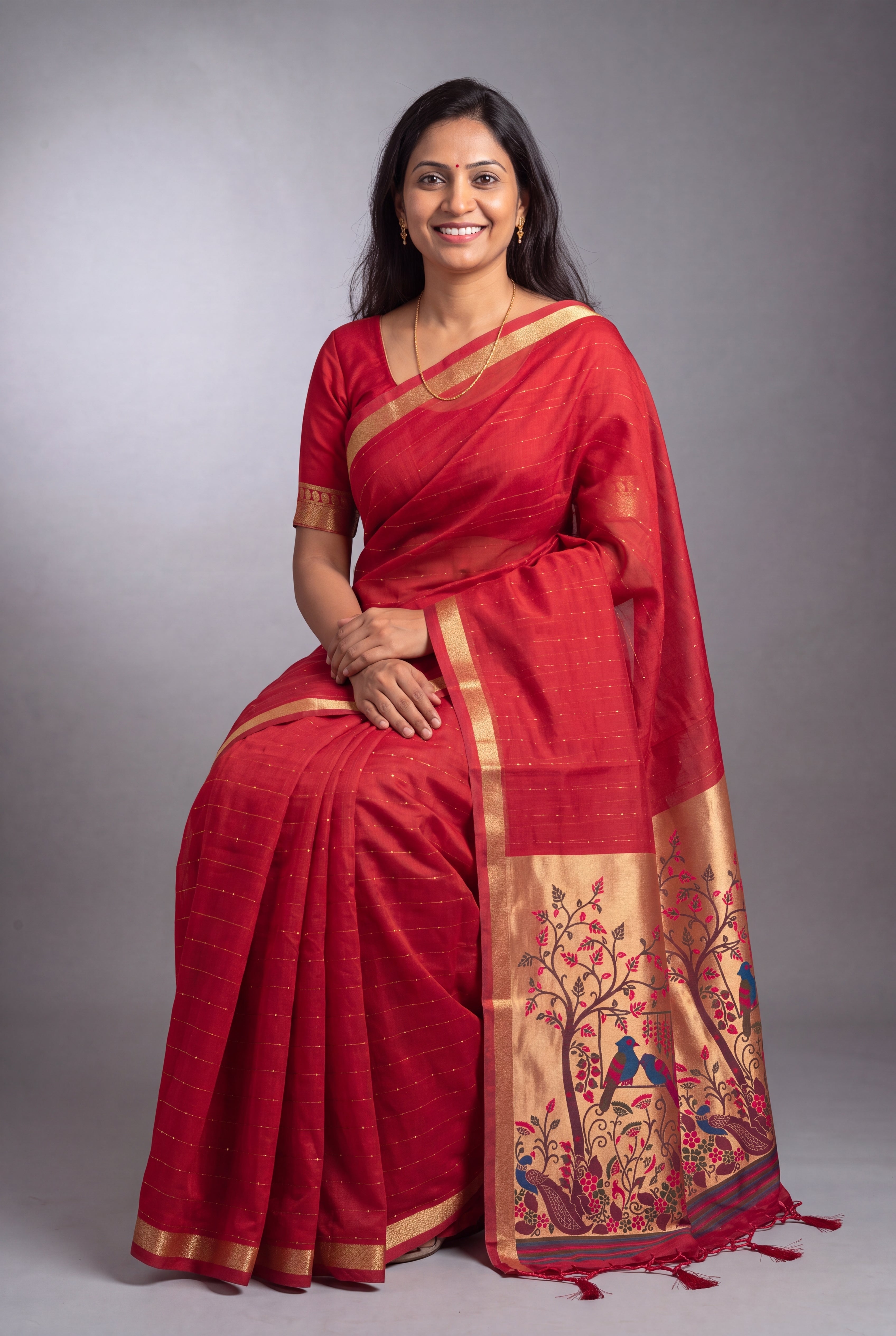 Red Jamdhani Cotton Paithani with Tarumayura Pallu and Lakdipatta border