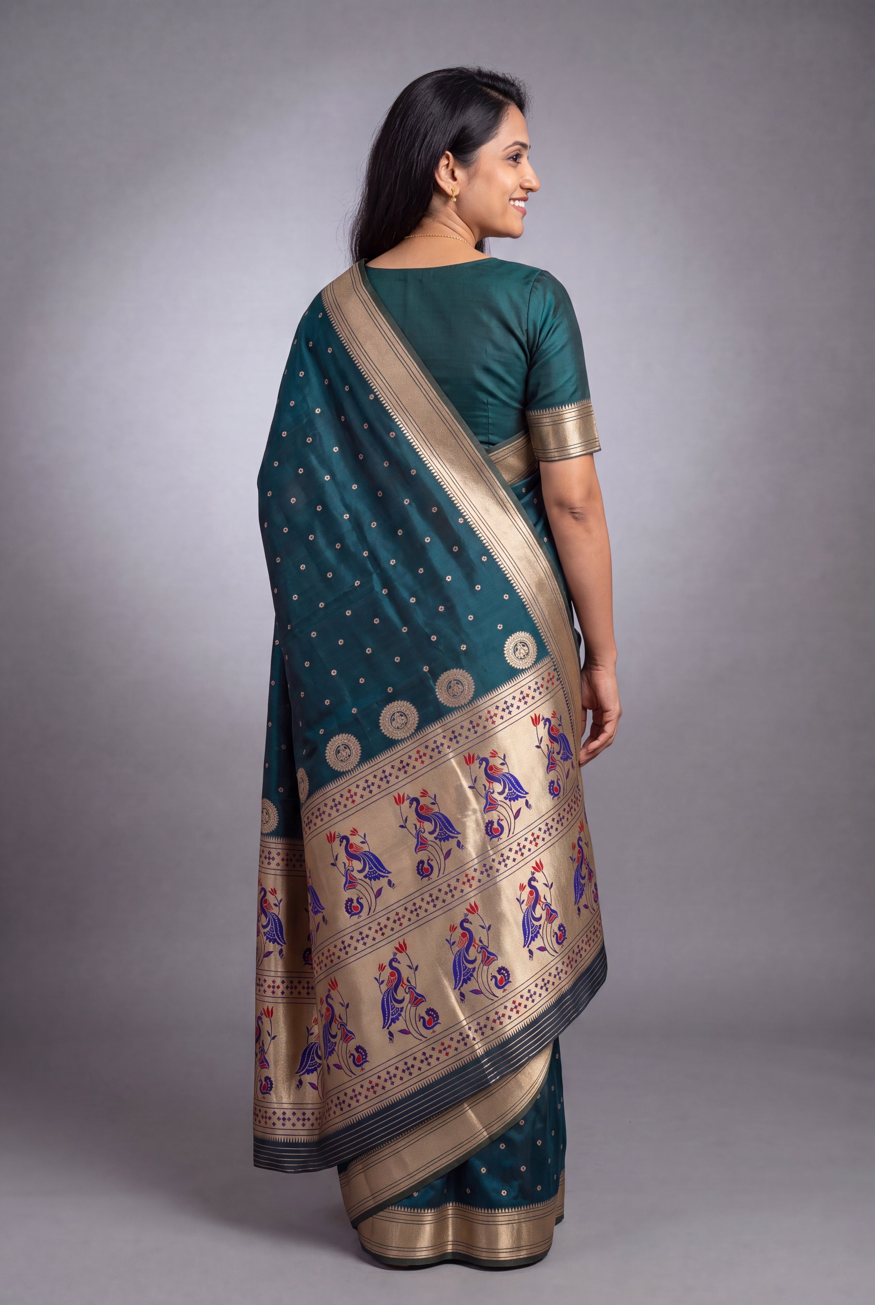 Peacock Blue Katan Silk Paithani Saree with Mayuramala Pallu and Meena butti