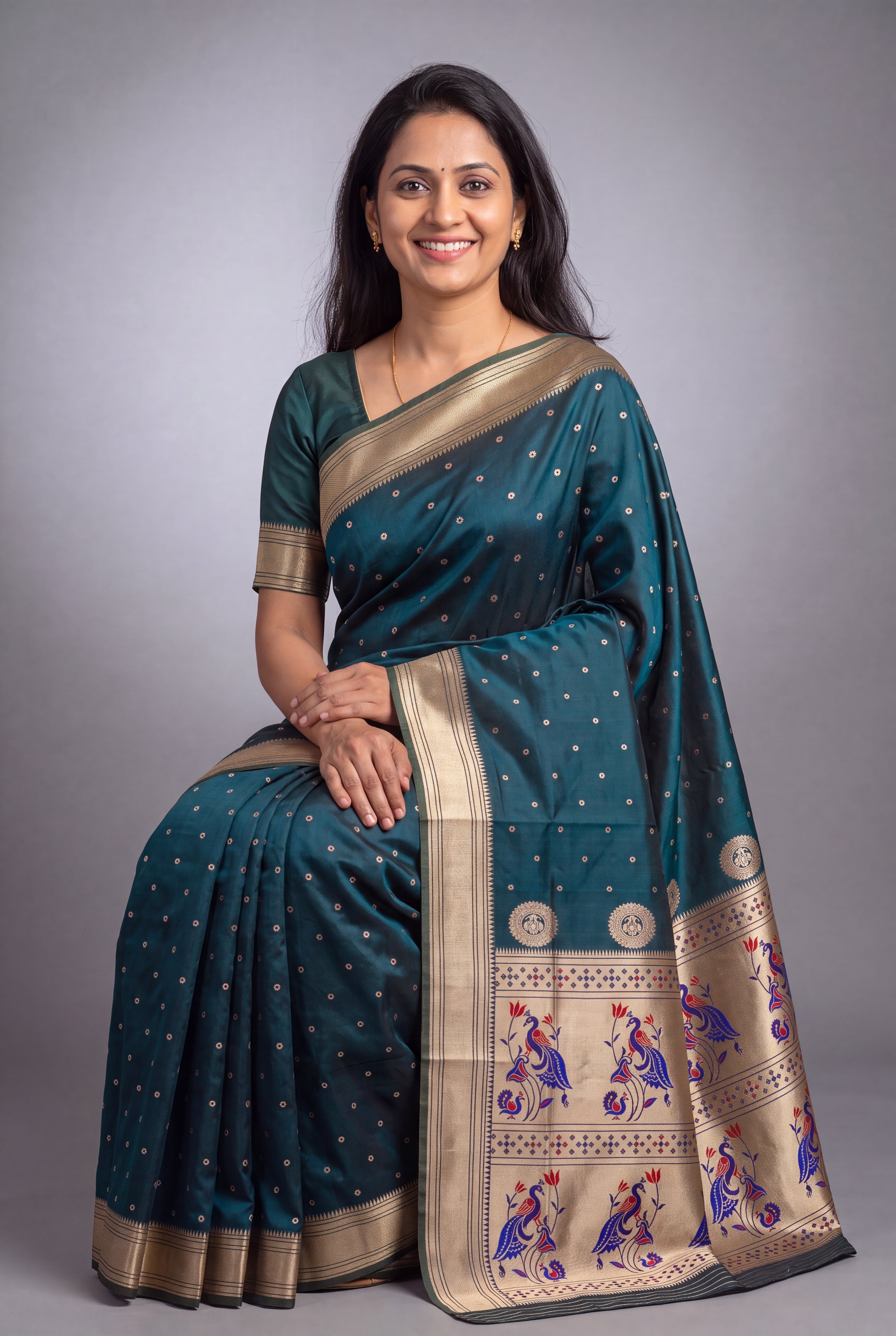 Peacock Blue Katan Silk Paithani Saree with Mayuramala Pallu and Meena butti