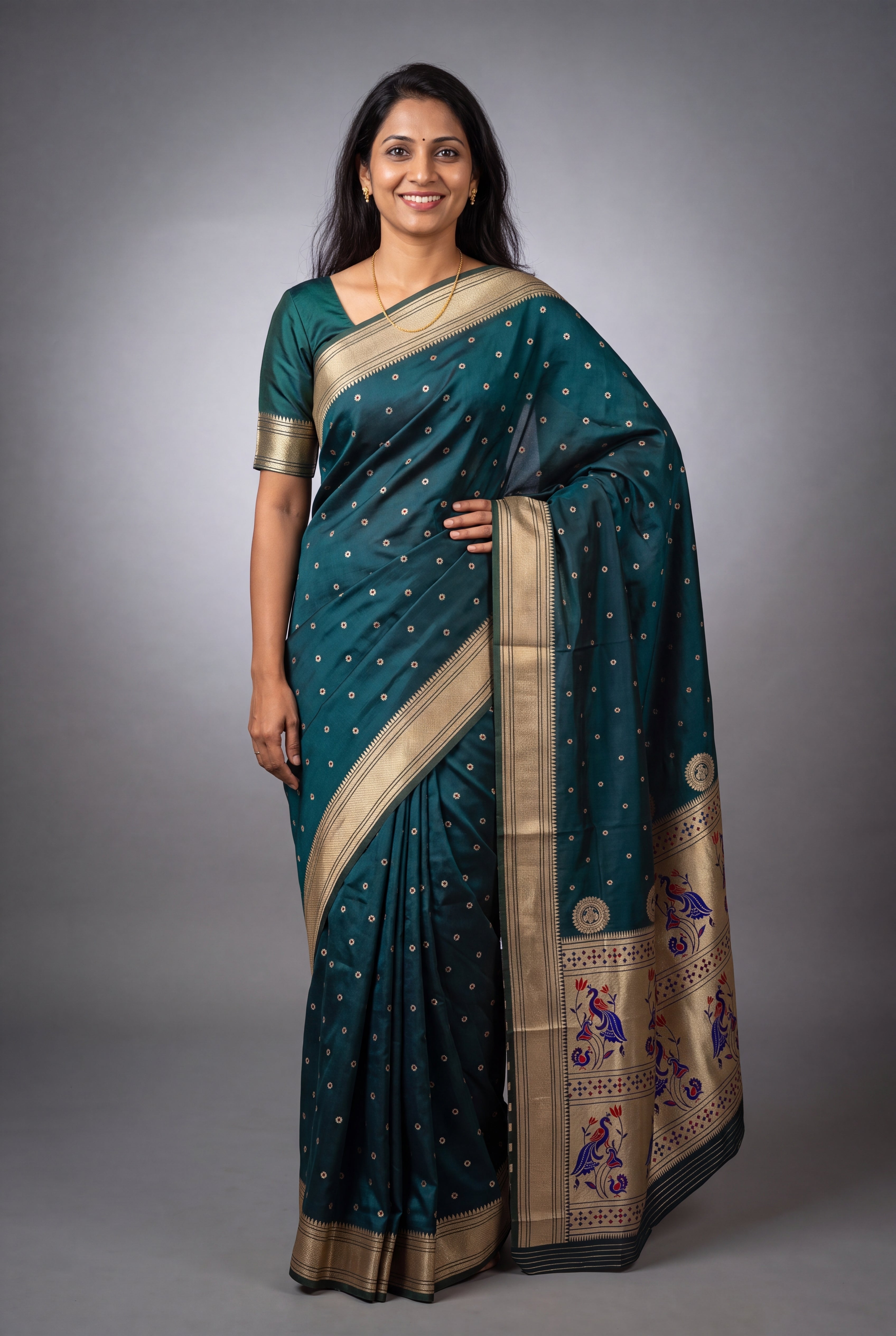 Peacock Blue Katan Silk Paithani Saree with Mayuramala Pallu and Meena butti