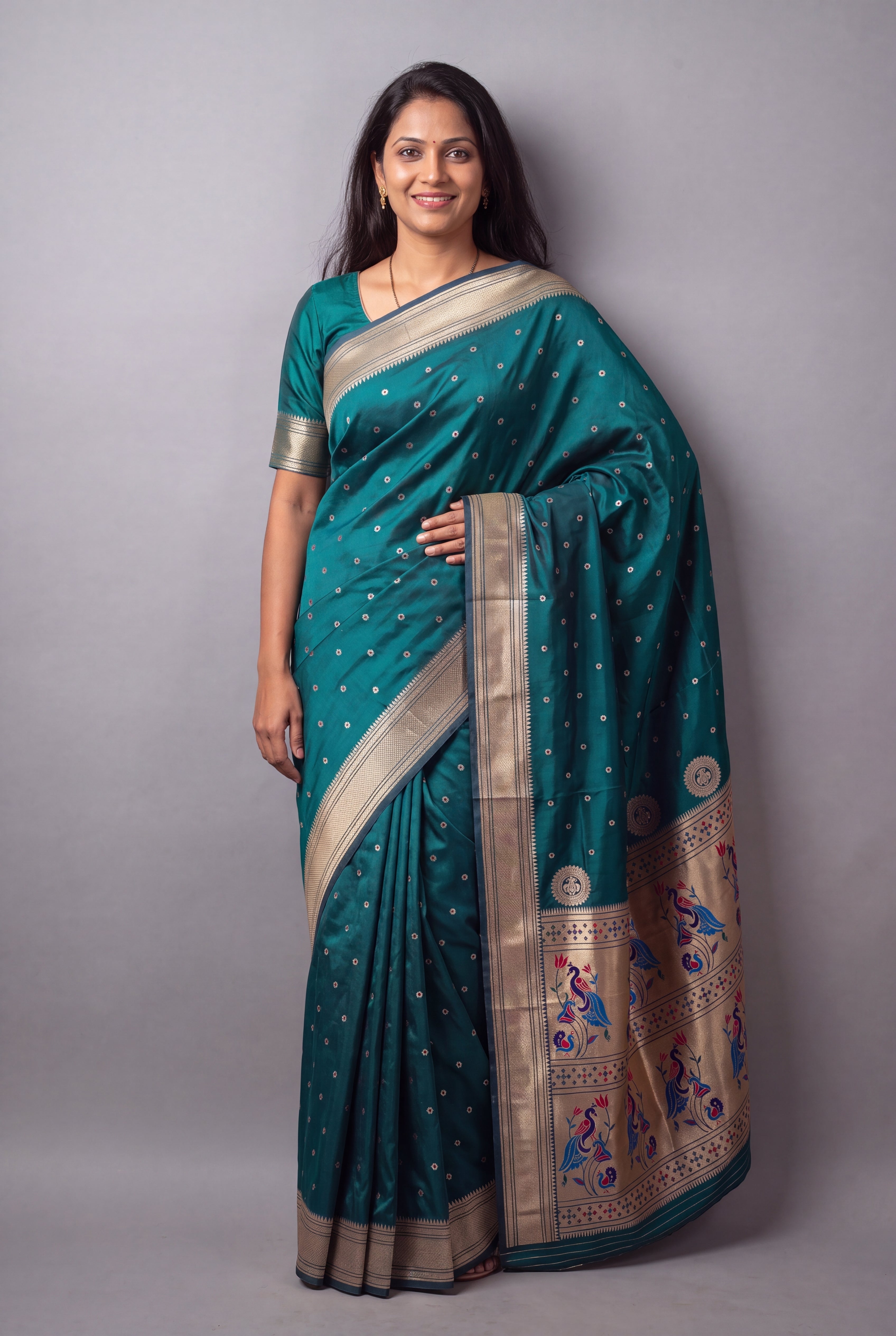 Peacock Blue Katan Silk Paithani Saree with Mayuramala Pallu and Meena butti