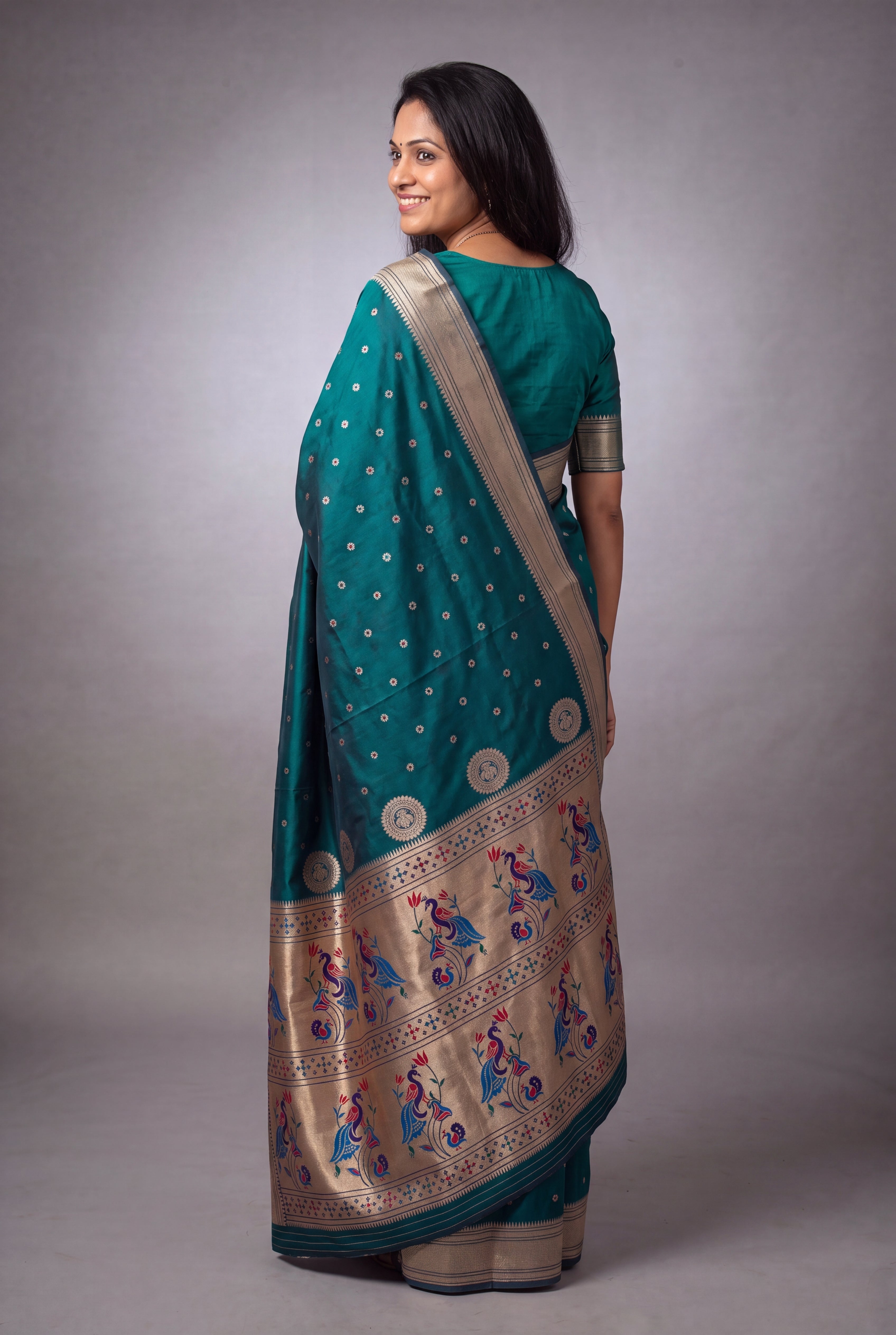 Peacock Blue Katan Silk Paithani Saree with Mayuramala Pallu and Meena butti