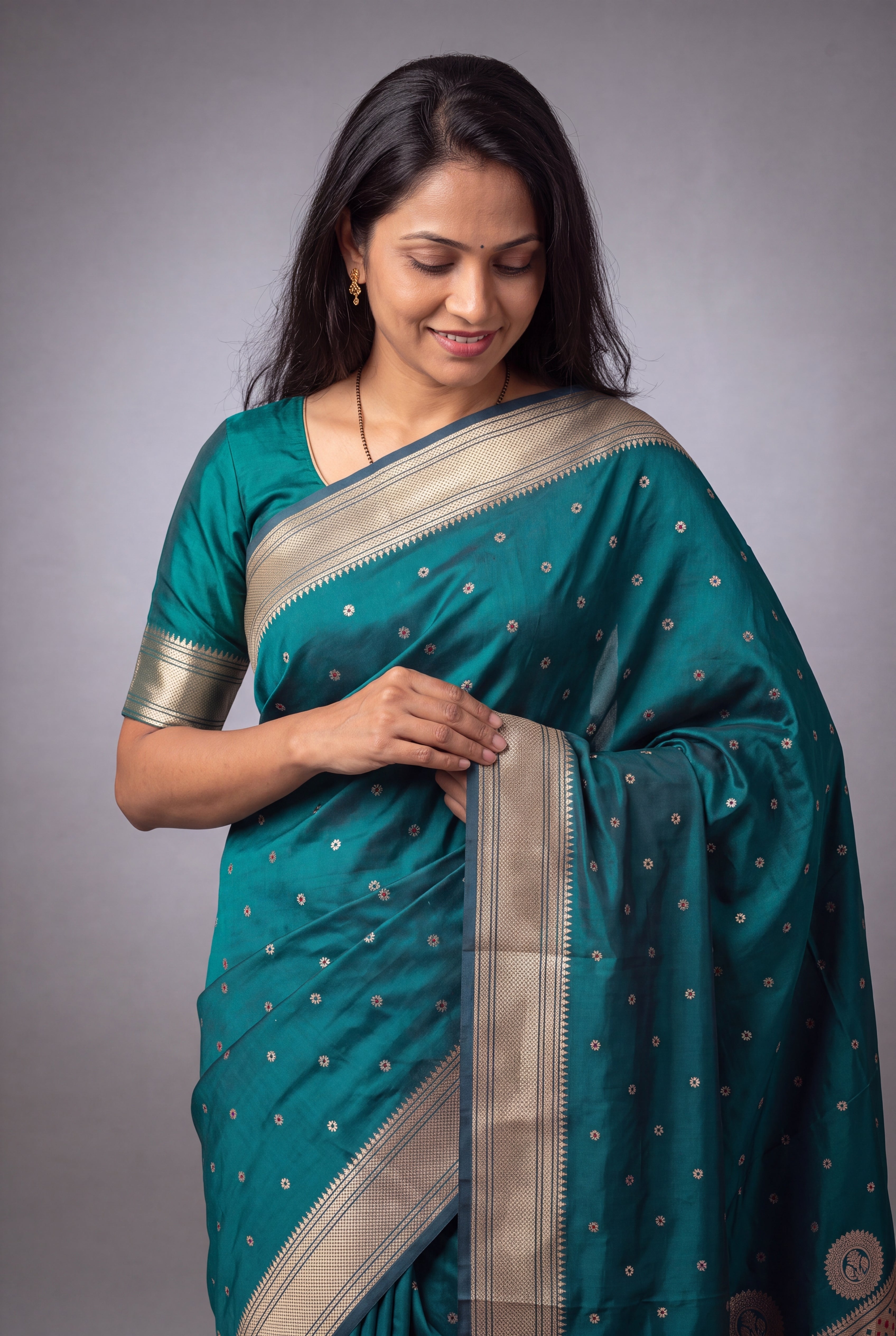 Peacock Blue Katan Silk Paithani Saree with Mayuramala Pallu and Meena butti