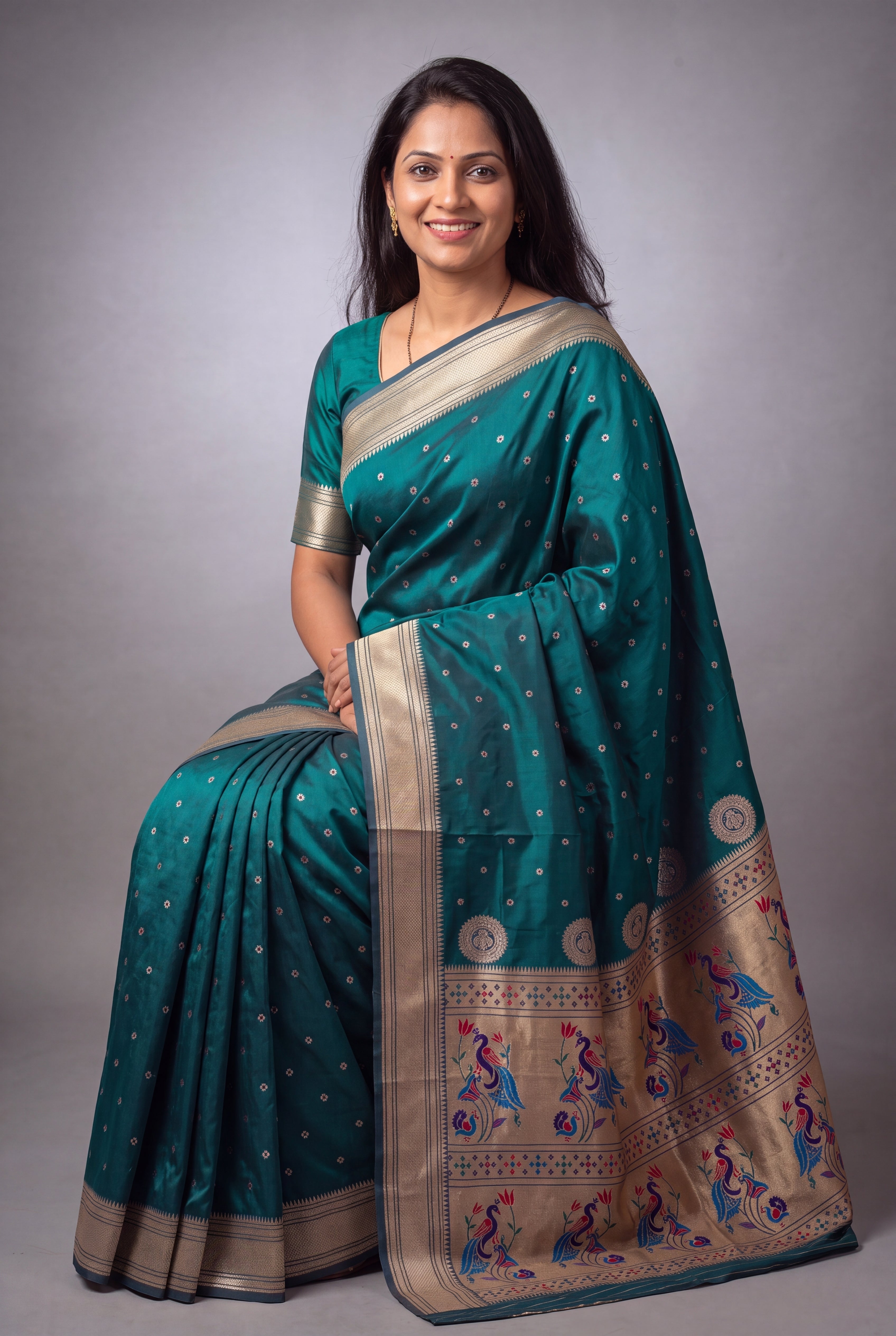 Peacock Blue Katan Silk Paithani Saree with Mayuramala Pallu and Meena butti