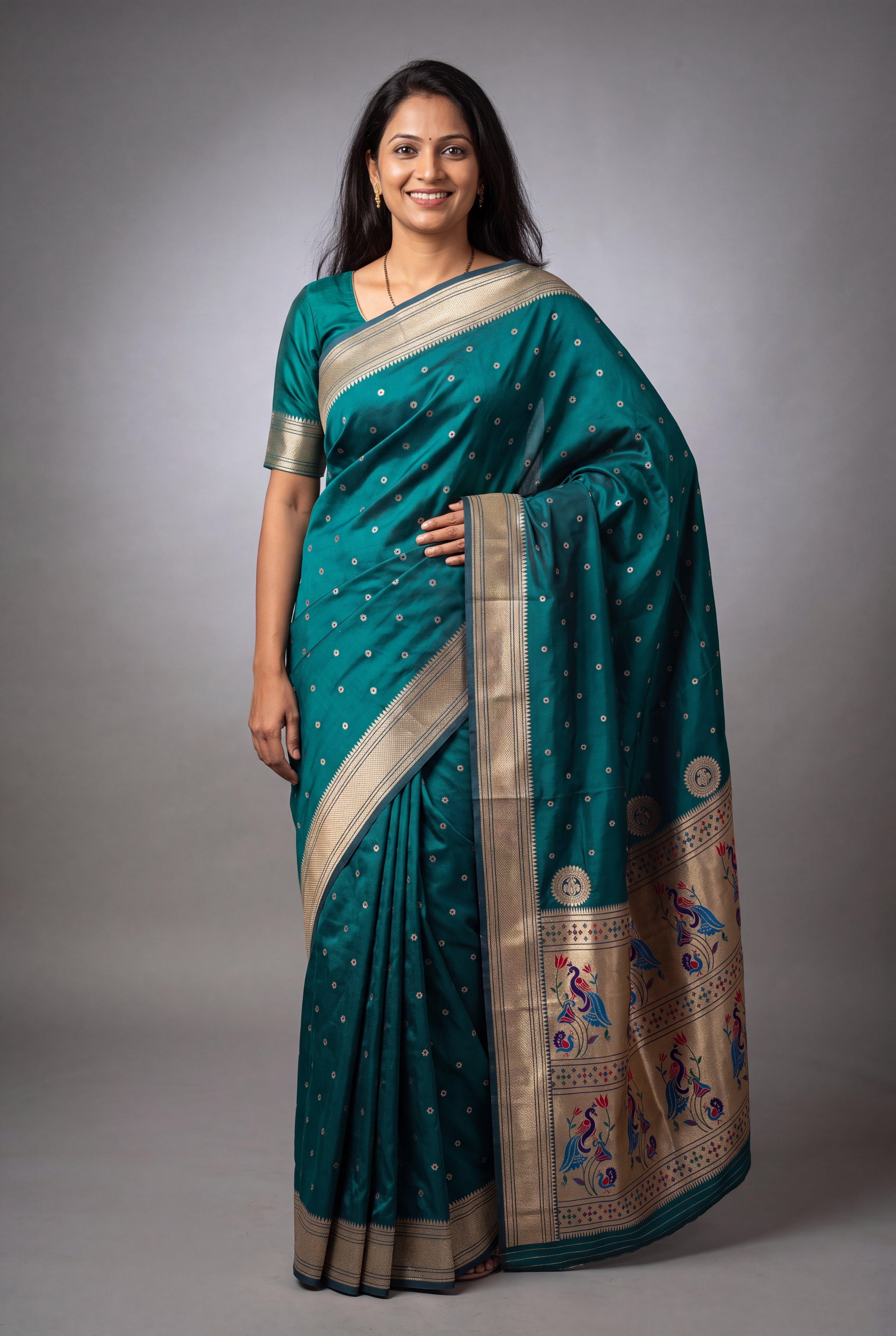 Peacock Blue Katan Silk Paithani Saree with Mayuramala Pallu and Meena butti