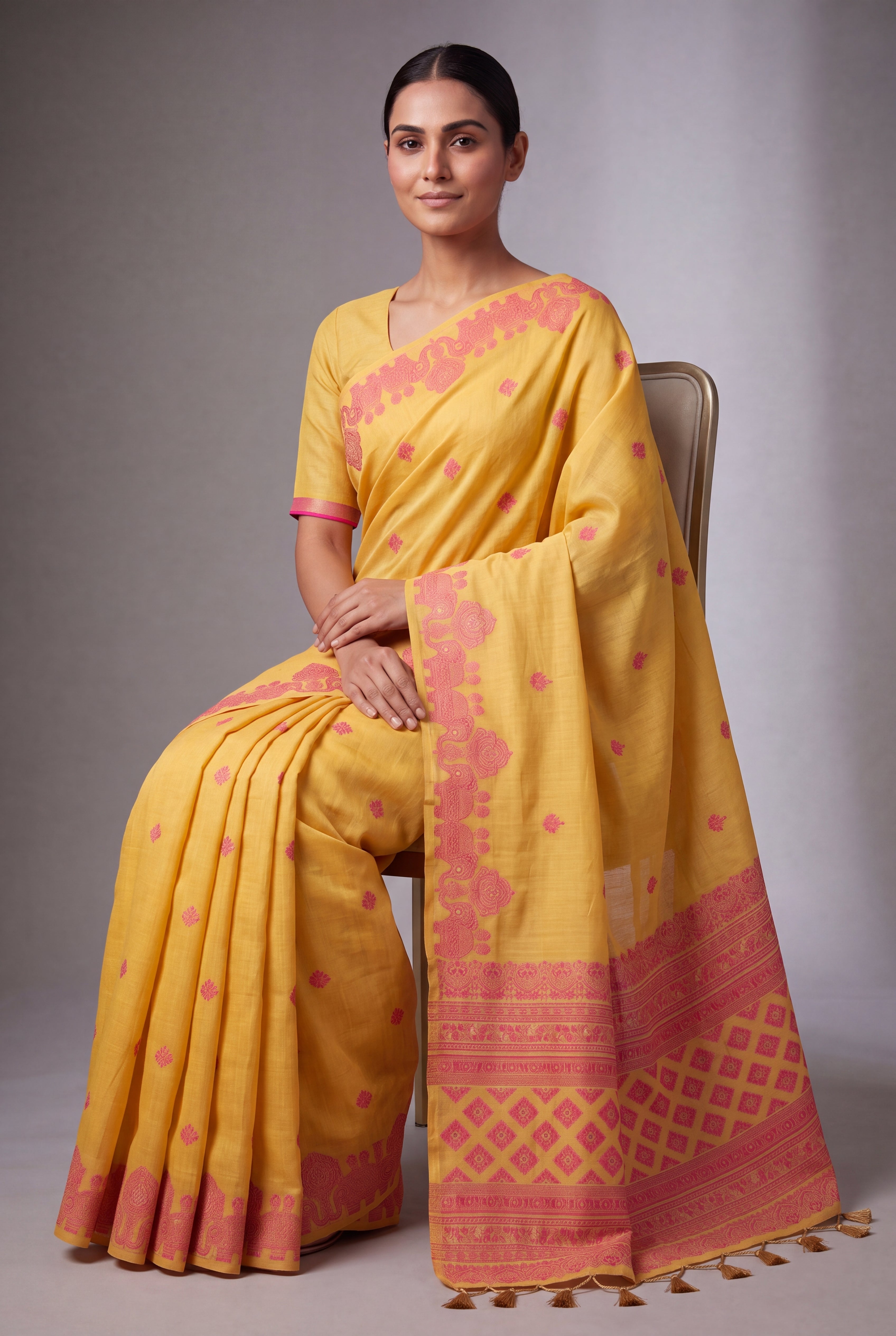 Haldi Yellow Cotton Saree with Kesari Orange threadwork