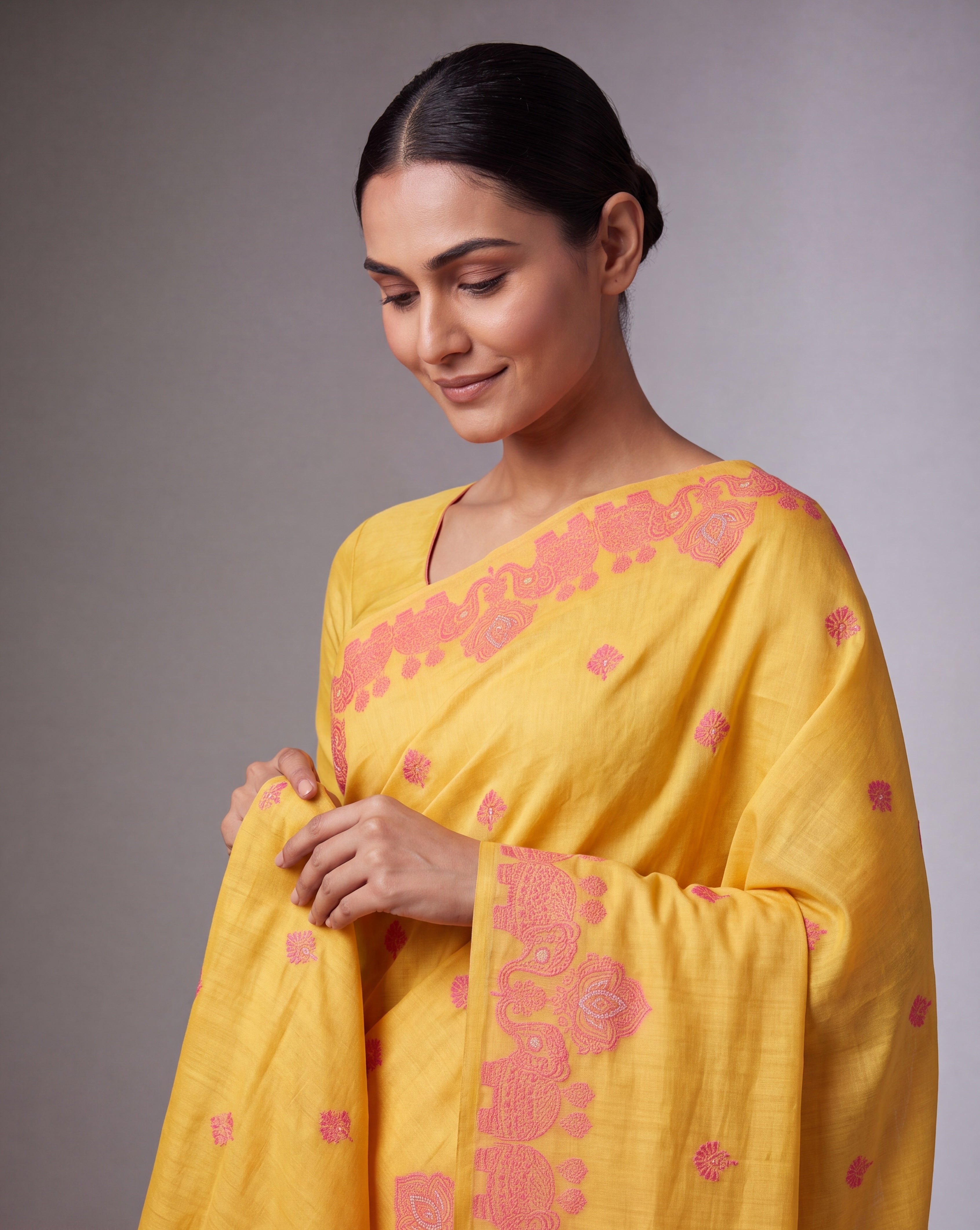 Haldi Yellow Cotton Saree with Kesari Orange threadwork