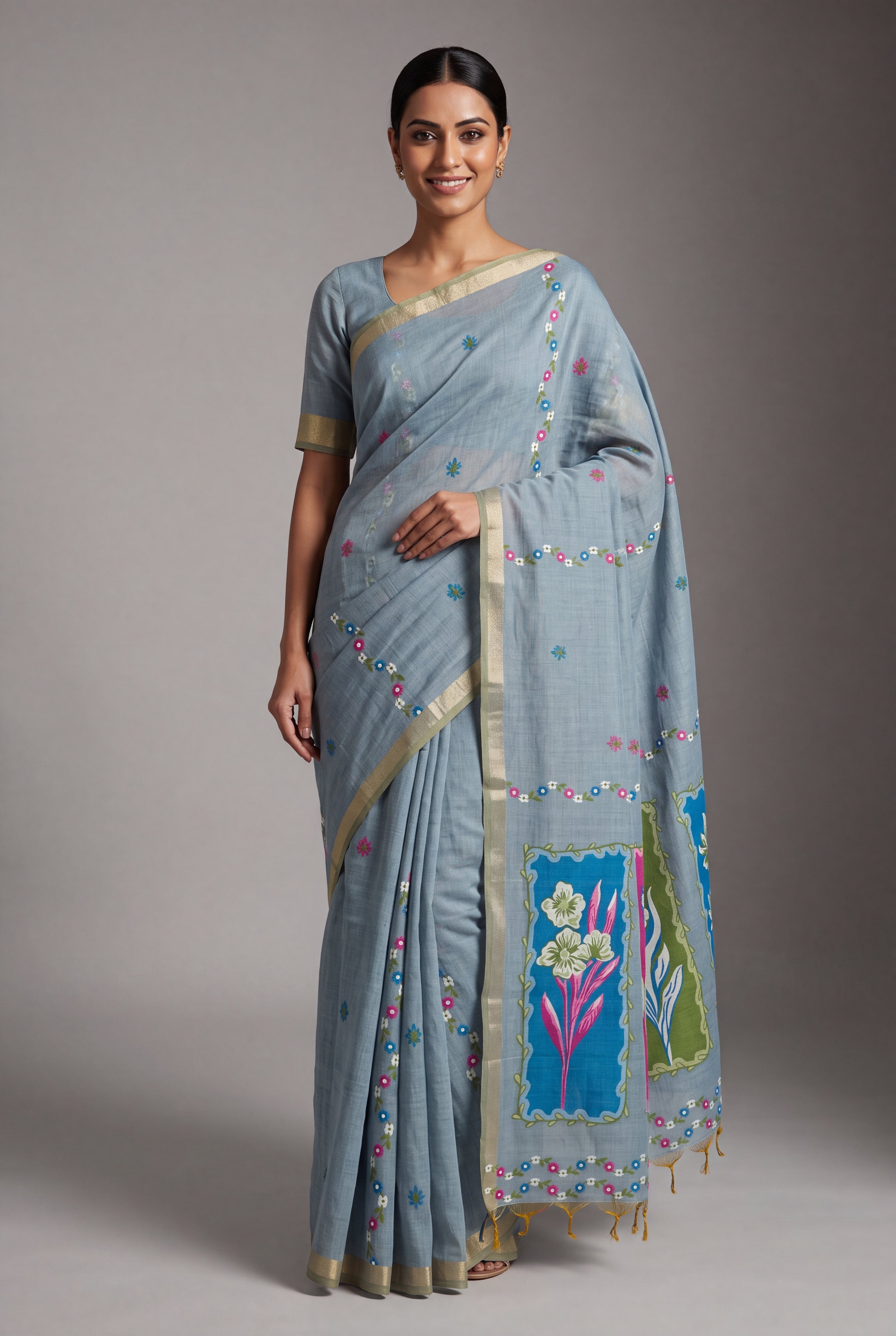 Powder Blue Cotton Saree with Japāvalī Pallu and Piping border