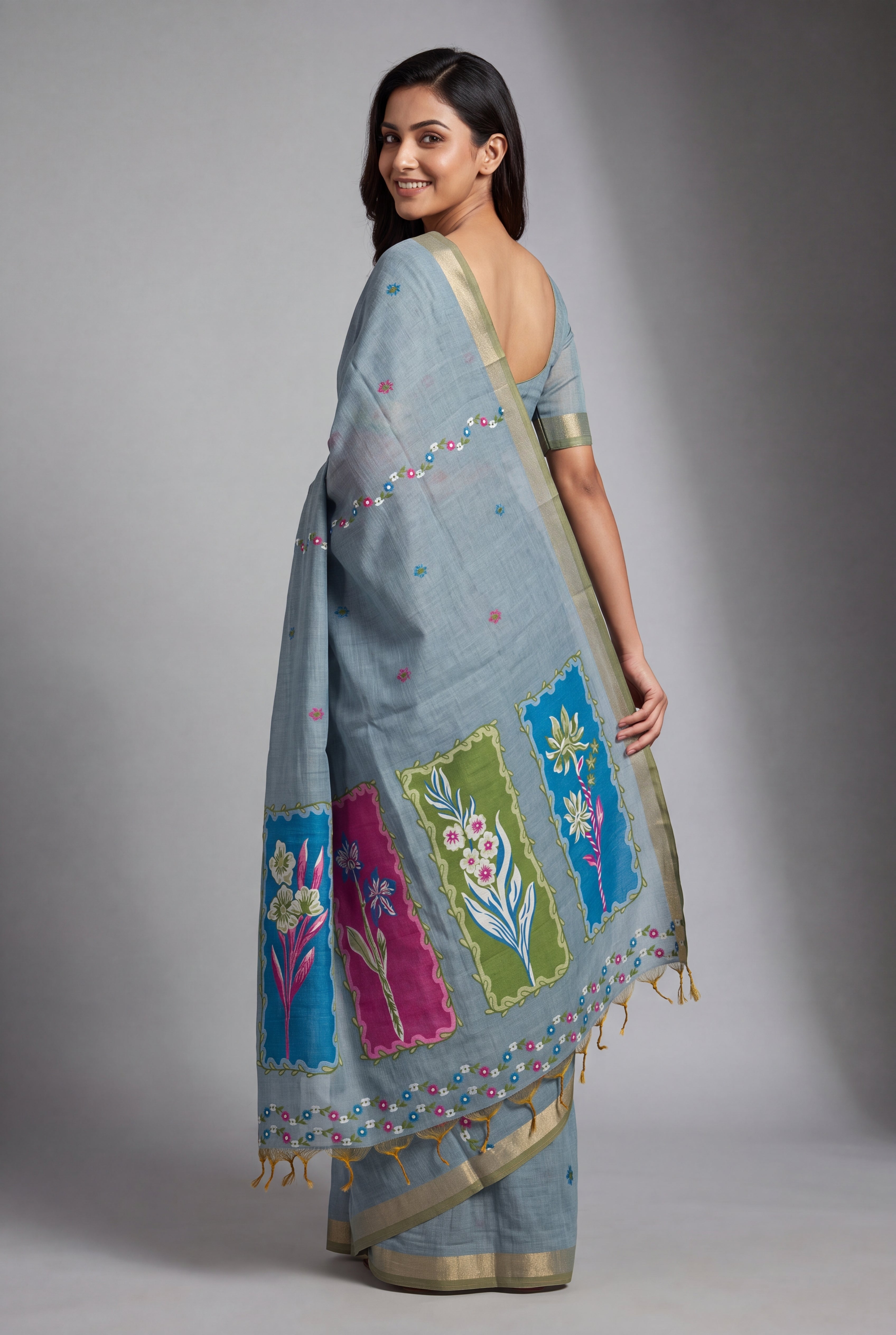 Powder Blue Cotton Saree with Japāvalī Pallu and Piping border