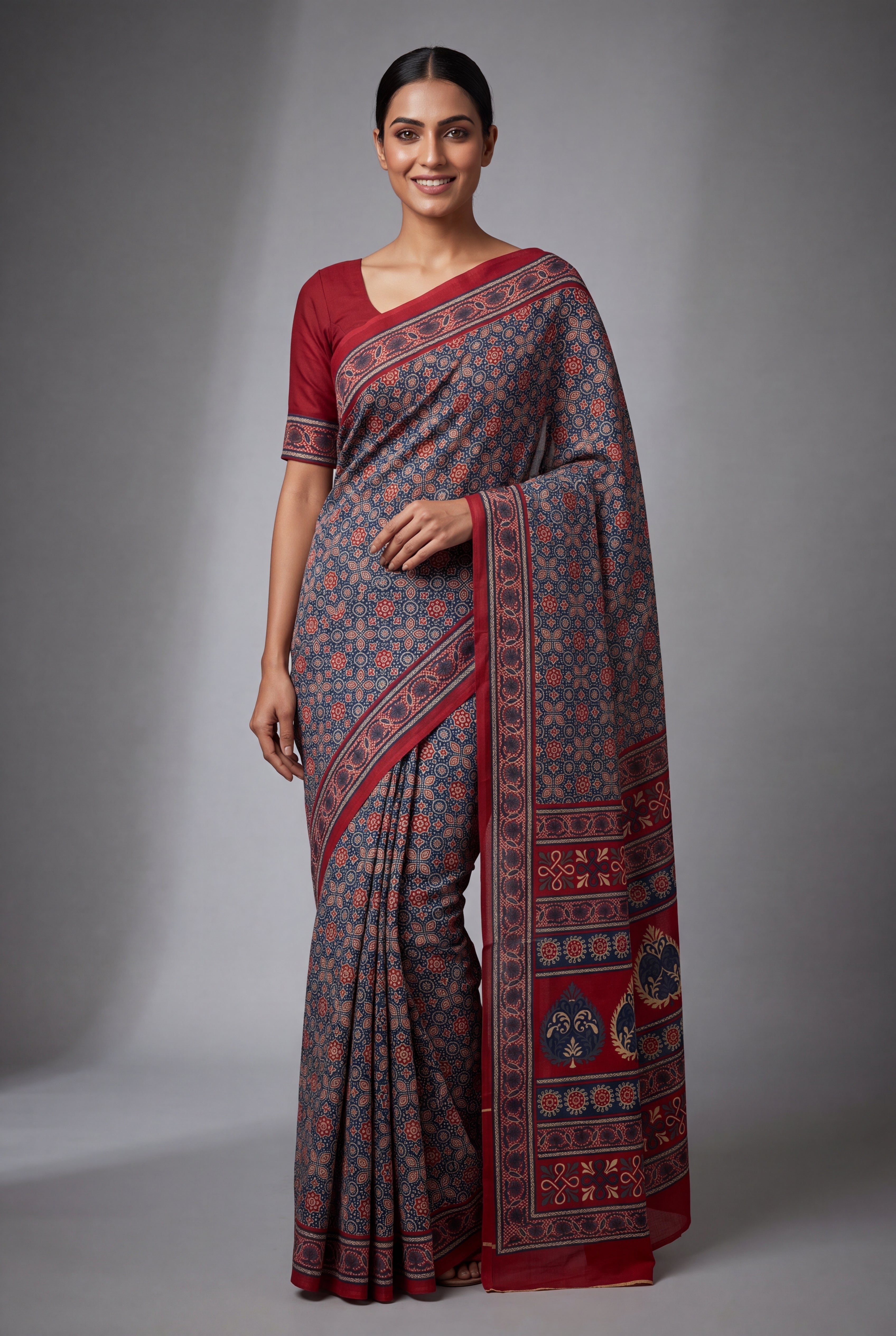 Sapphire Blue Cotton Saree with Geometric print and contrast Red blouse