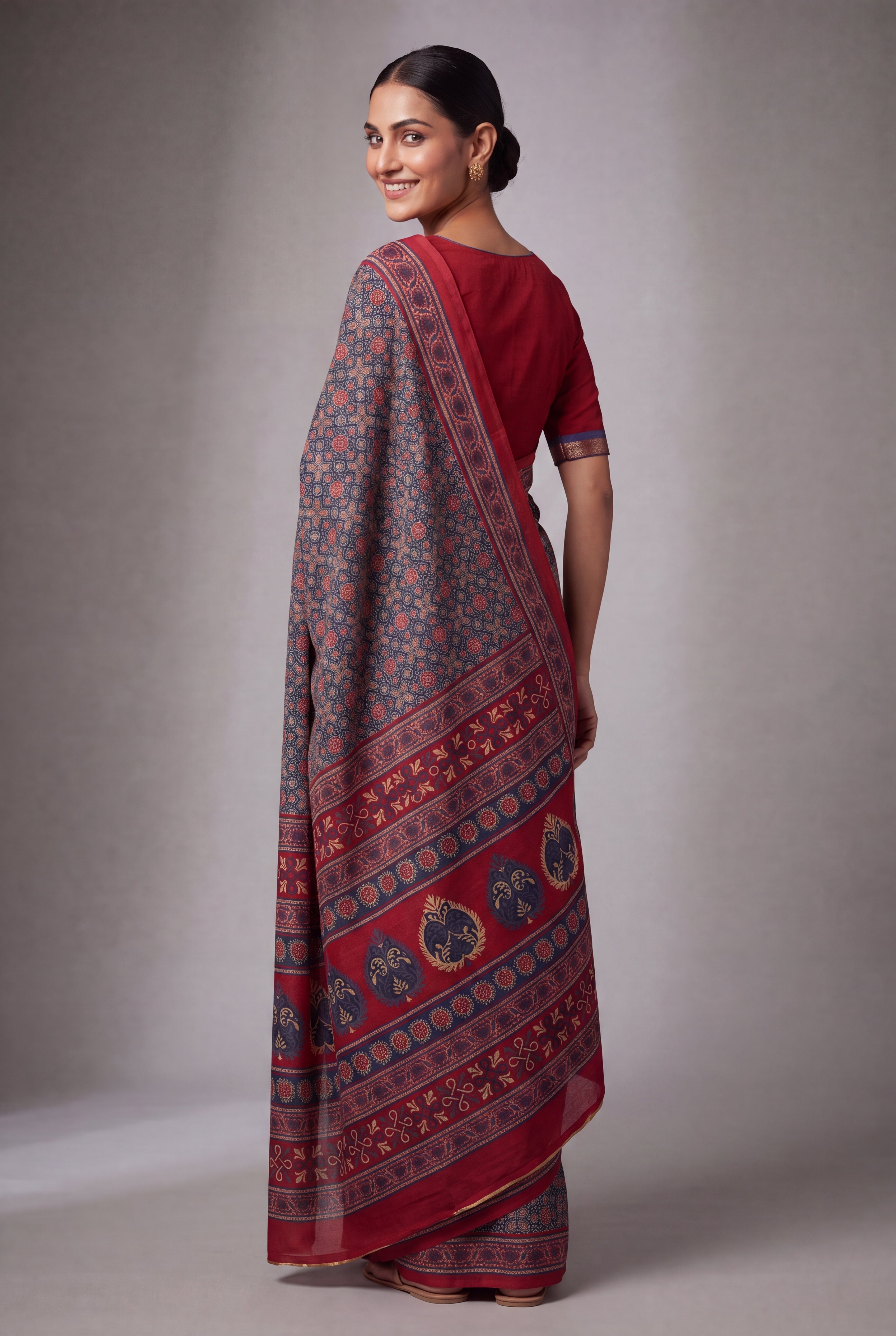 Sapphire Blue Cotton Saree with Geometric print and contrast Red blouse