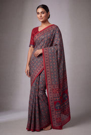 Sapphire Blue Cotton Saree with Geometric print and contrast Red blouse
