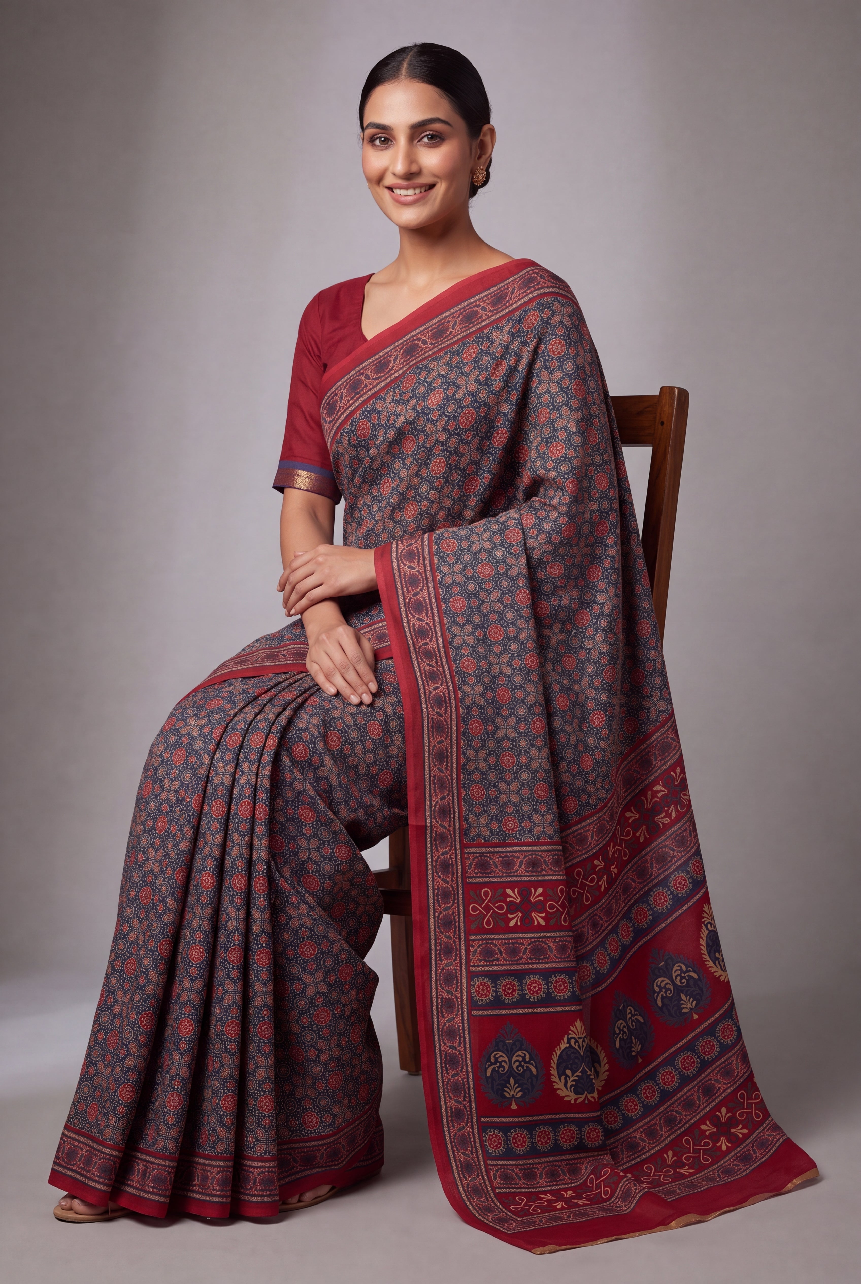 Sapphire Blue Cotton Saree with Geometric print and contrast Red blouse
