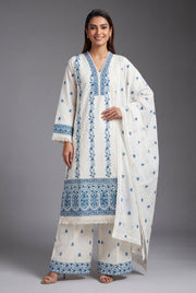 Cream Khadi Cotton Neelakusuma Suit Set with Cobalt threadwork, Sequin work and Palazzo pants
