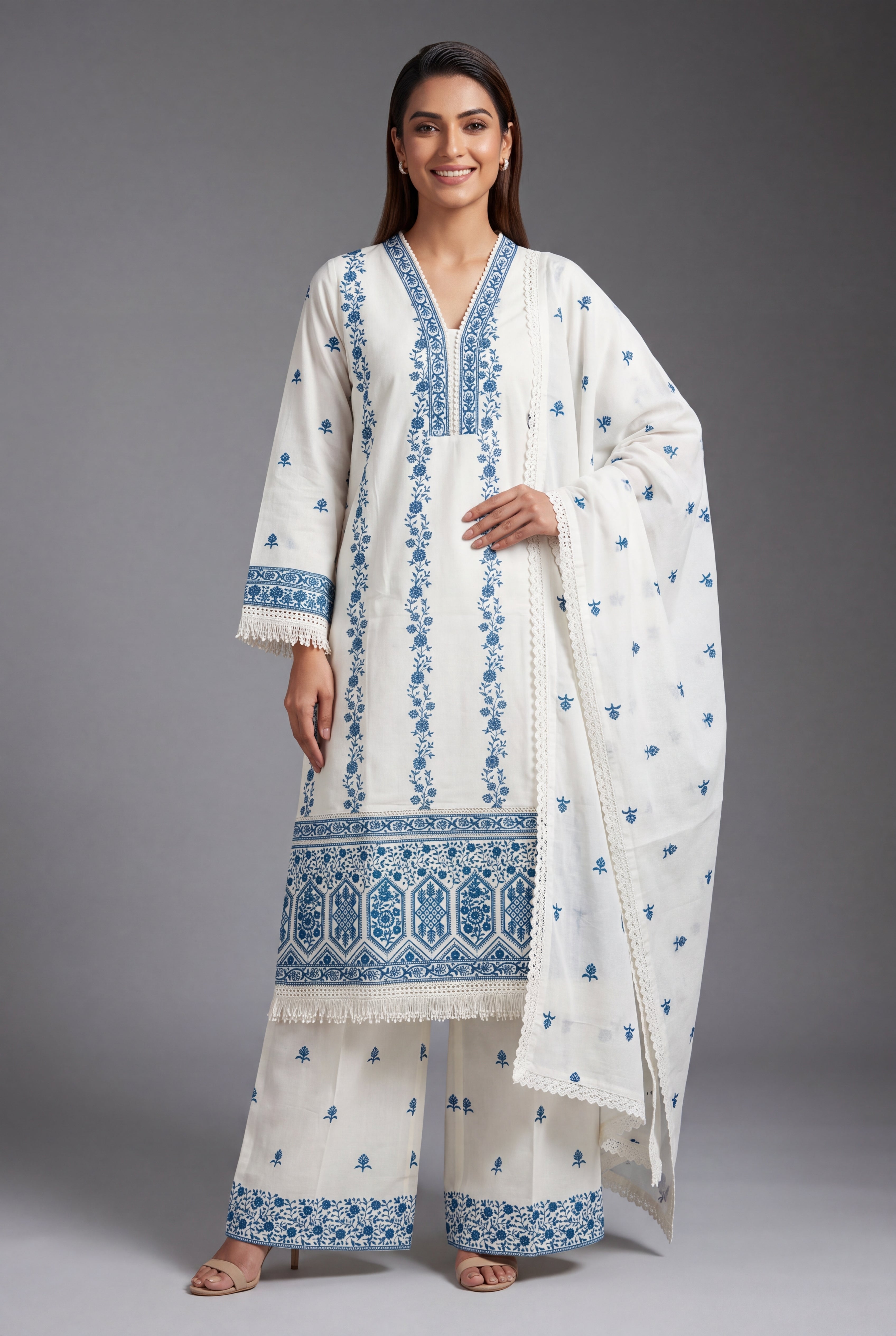 Cream Khadi Cotton Neelakusuma Suit Set with Cobalt threadwork, Sequin work and Palazzo pants