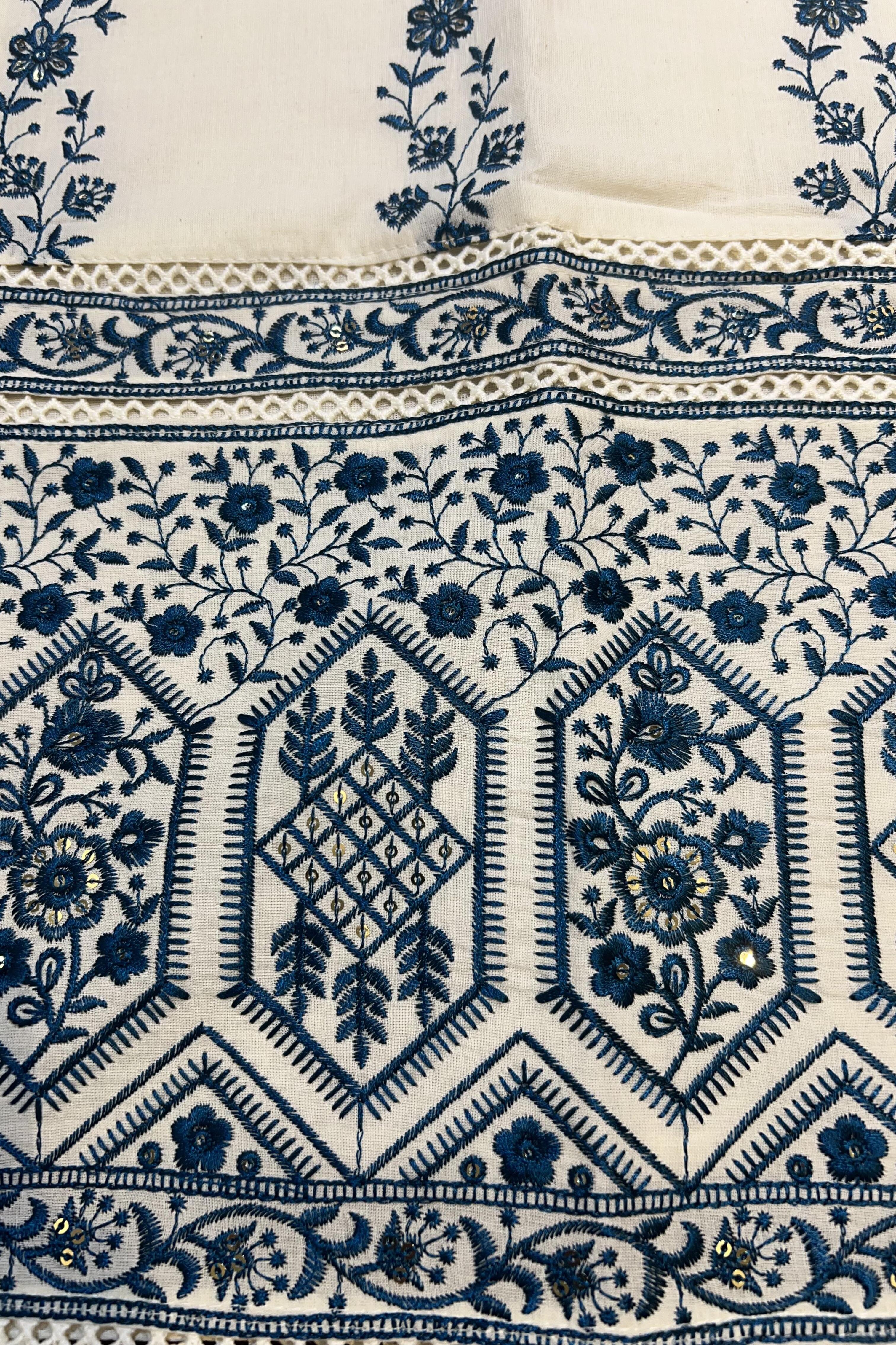 Cream Khadi Cotton Neelakusuma Suit Set with Cobalt threadwork, Sequin work and Palazzo pants