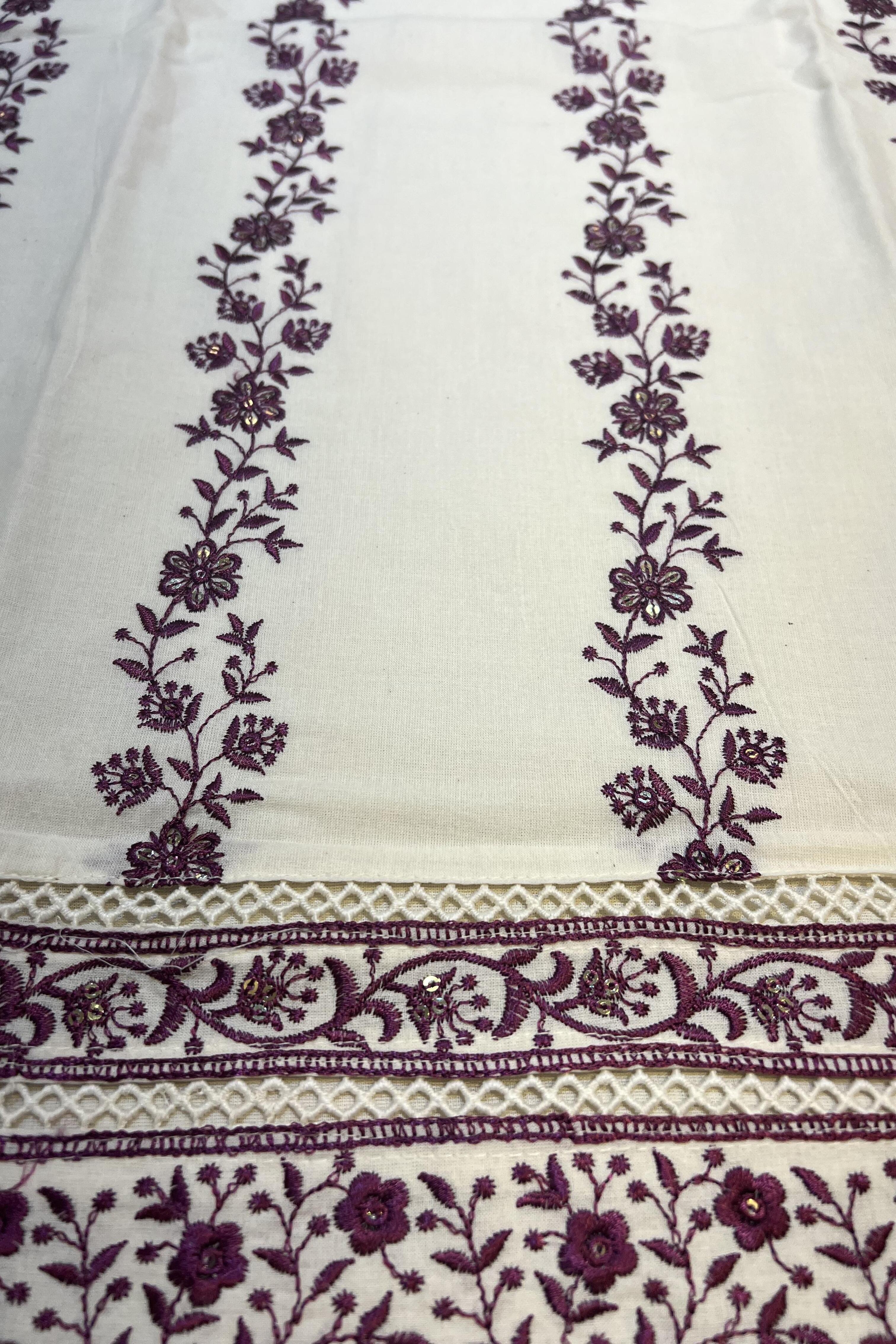 Cream Khadi Cotton Raktakusuma Suit Set with Burgundy threadwork, Sequin work and Palazzo pants