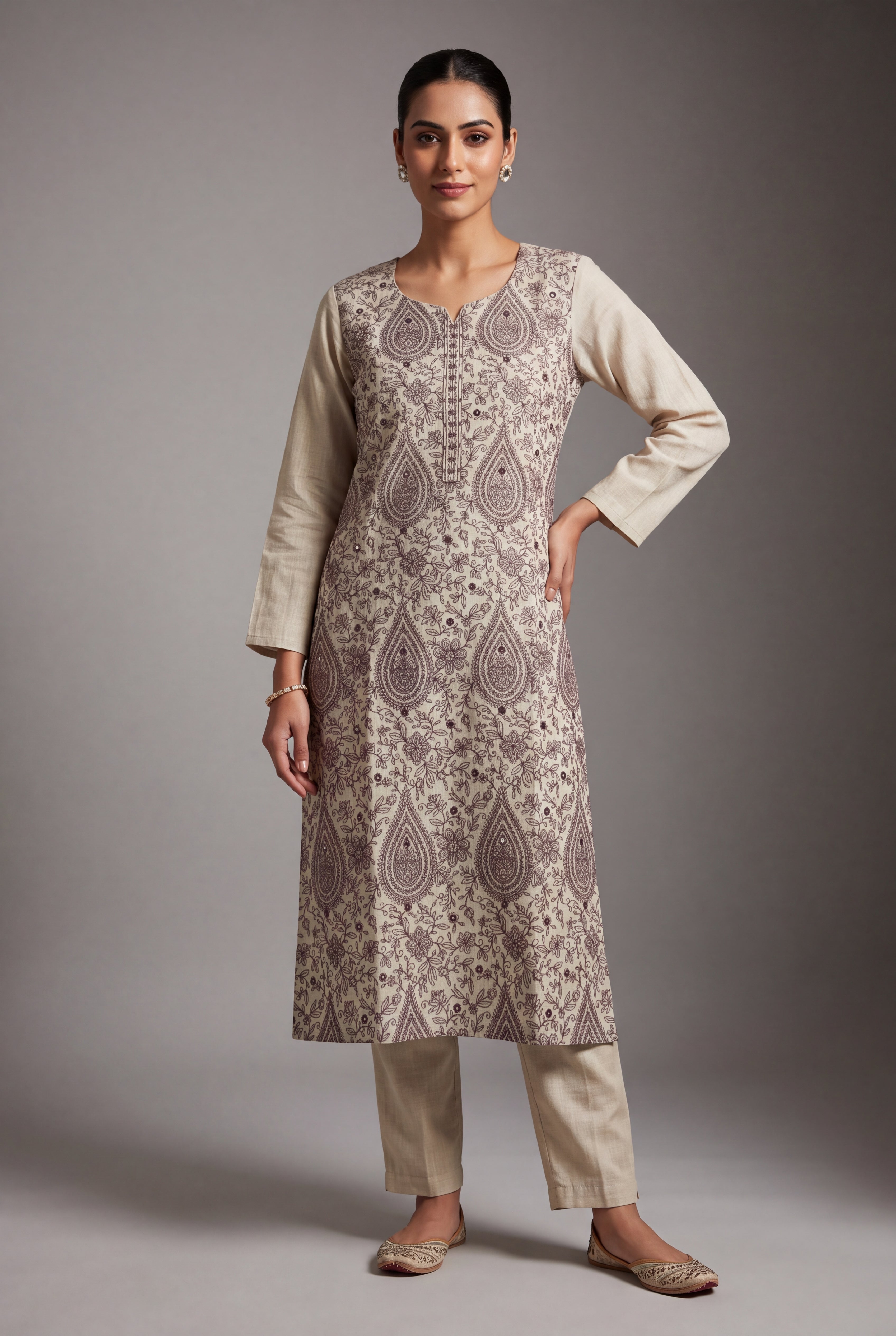 Cream Aranya Kurti with Brown Netrabindu and Jaal threadwork