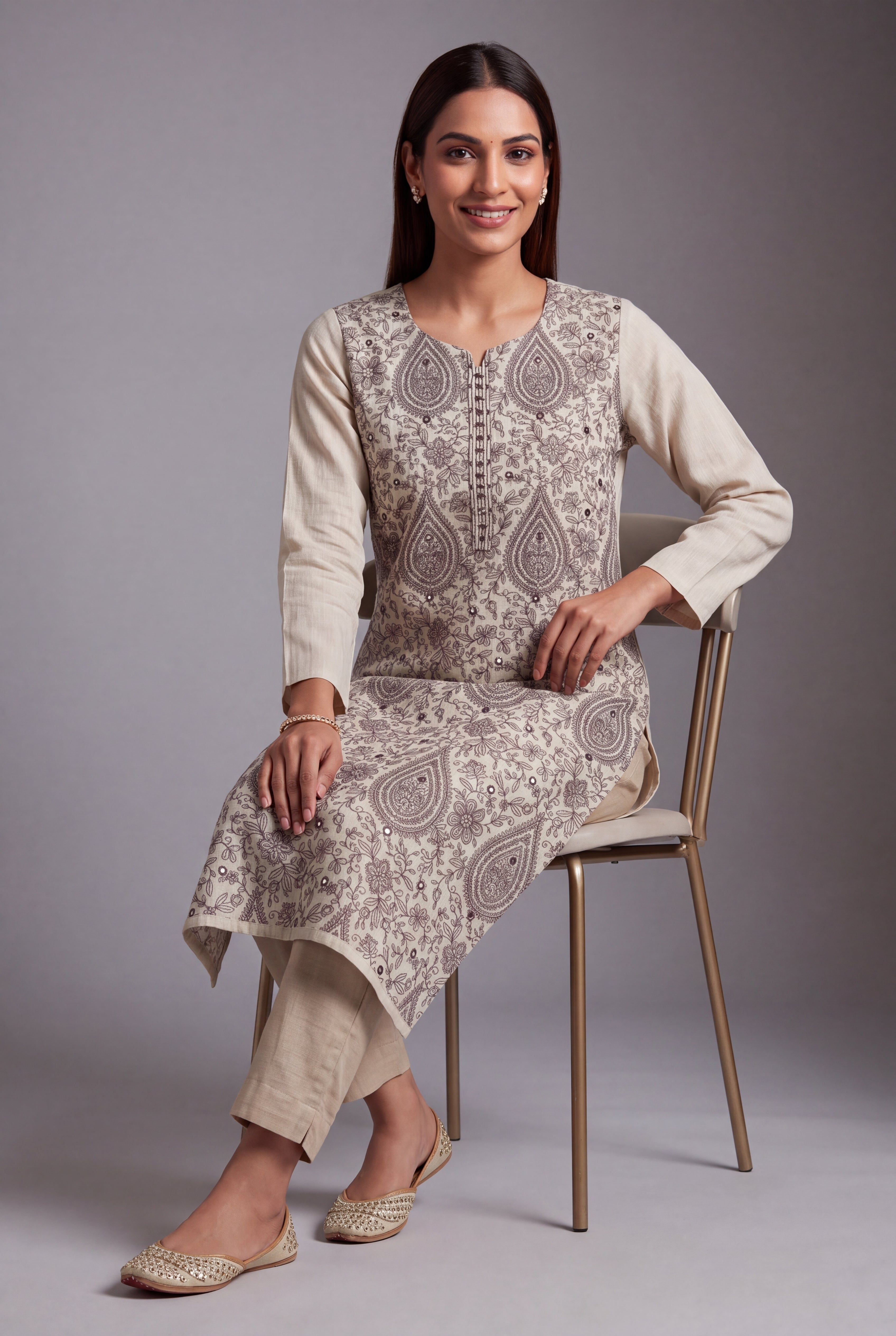 Cream Aranya Kurti with Brown Netrabindu and Jaal threadwork