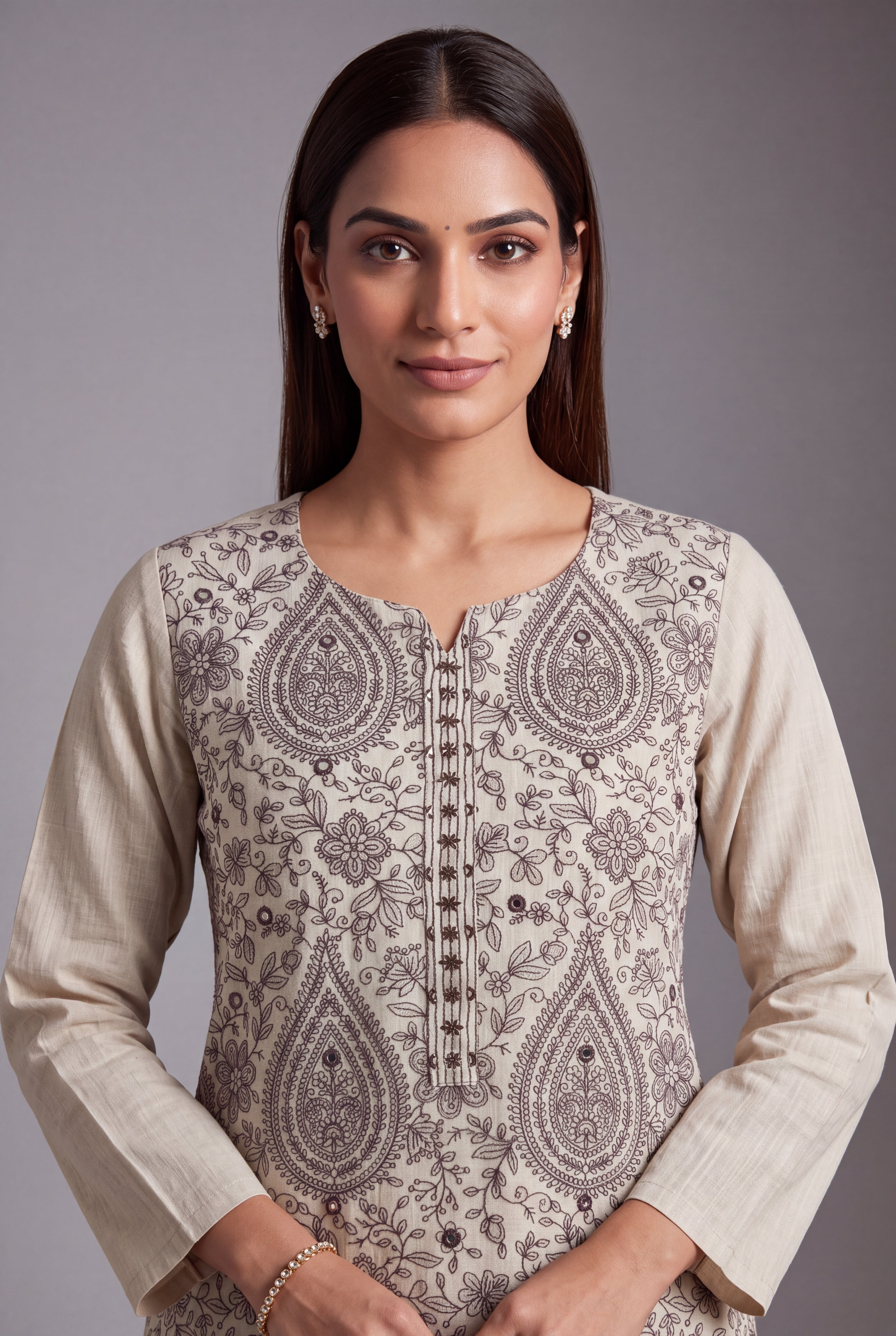 Cream Aranya Kurti with Brown Netrabindu and Jaal threadwork