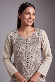 Cream Aranya Kurti with Brown Netrabindu and Jaal threadwork