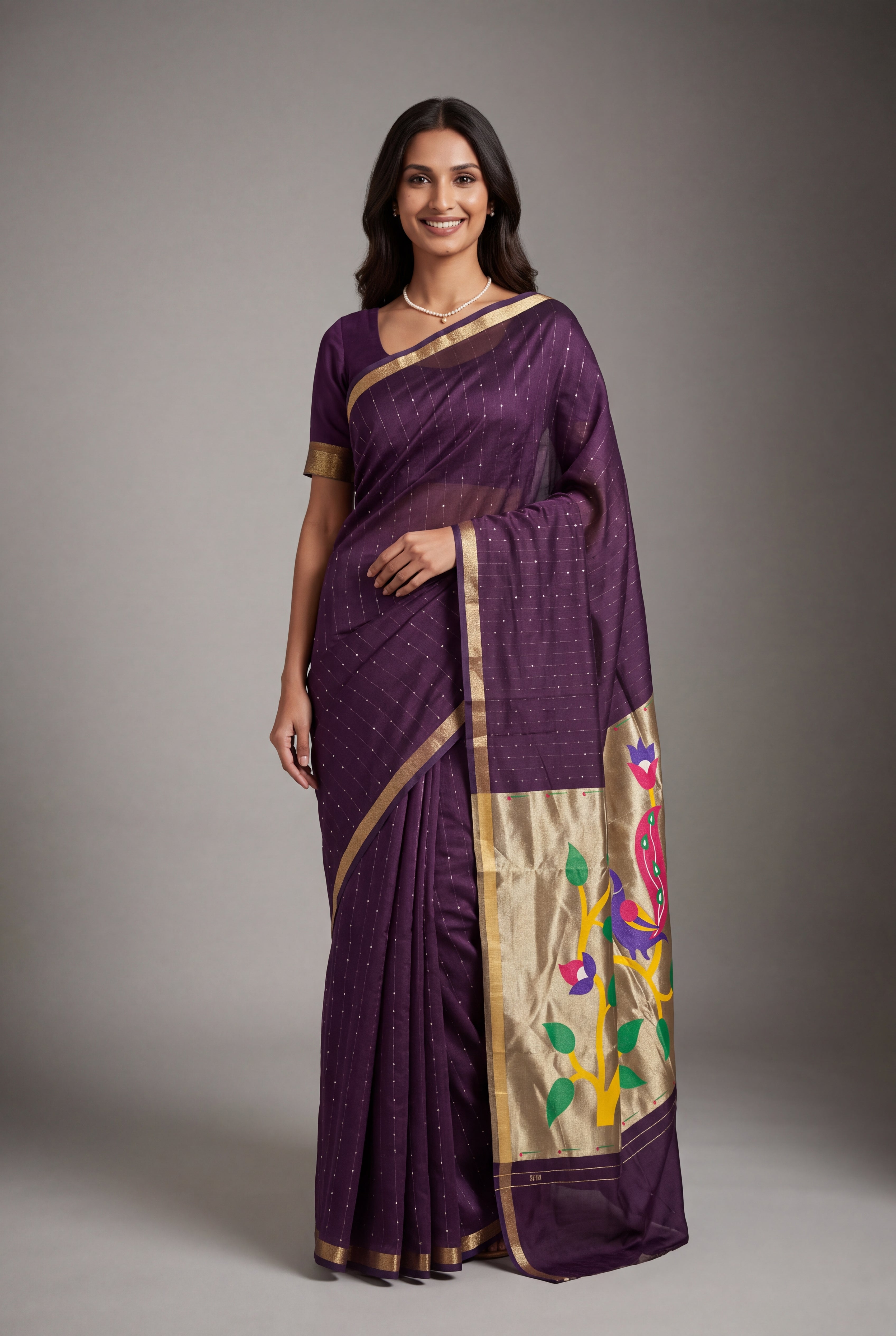 Plum Purple Jamdhani Cotton Paithani Saree with Zari Stripes, Sequins work and Mayūra-mithuna Pallu