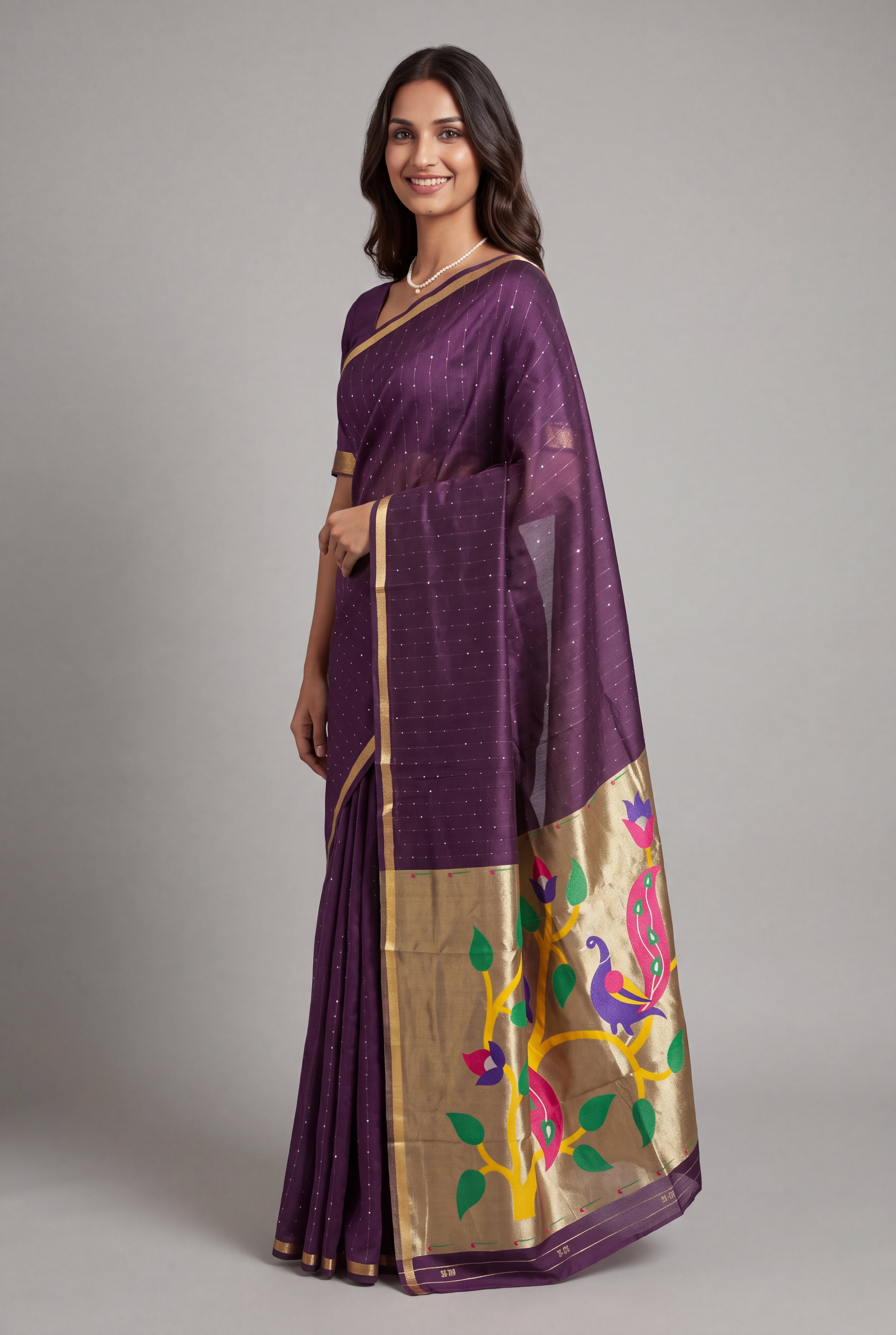 Plum Purple Jamdhani Cotton Paithani Saree with Zari Stripes, Sequins work and Mayūra-mithuna Pallu