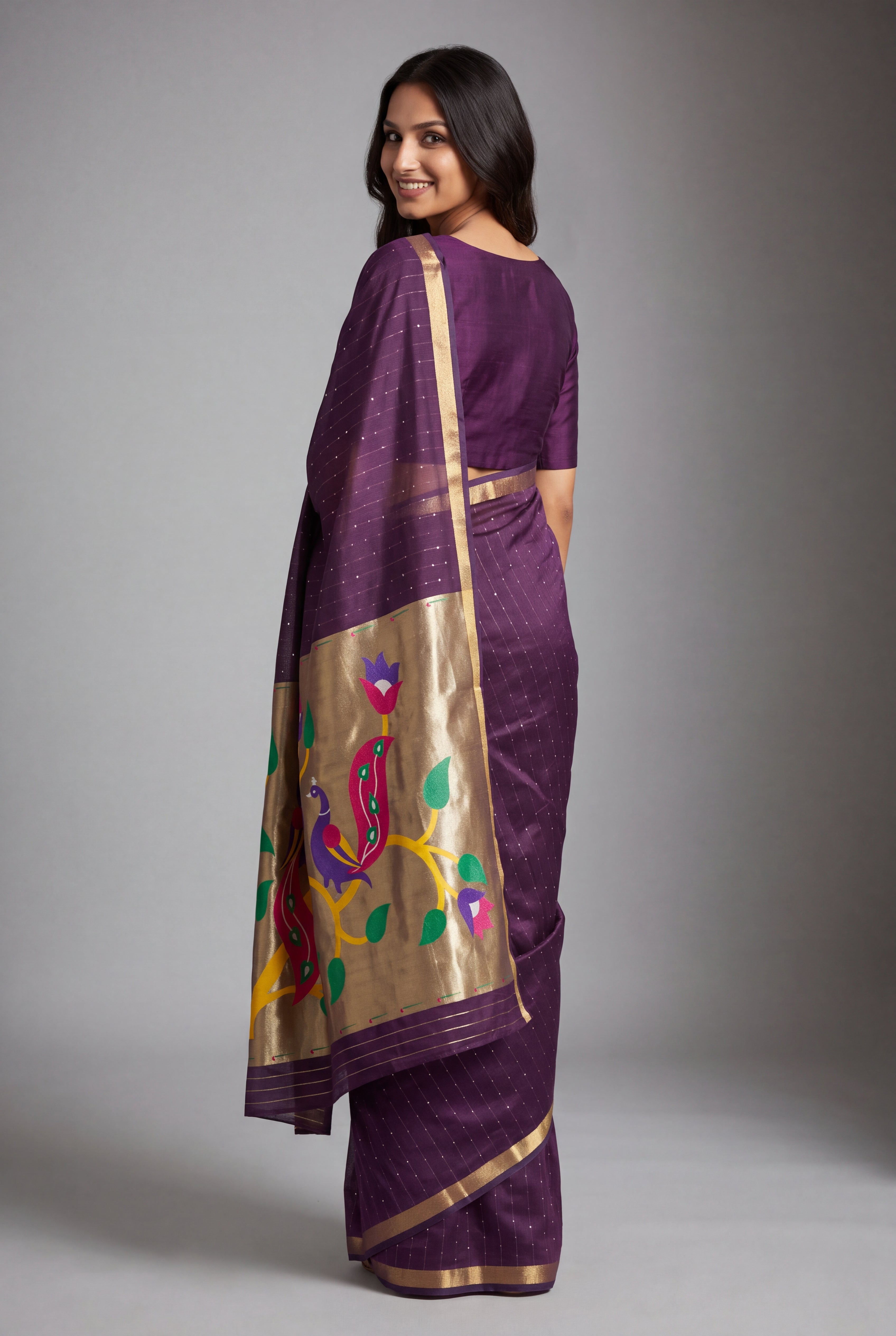 Plum Purple Jamdhani Cotton Paithani Saree with Zari Stripes, Sequins work and Mayūra-mithuna Pallu