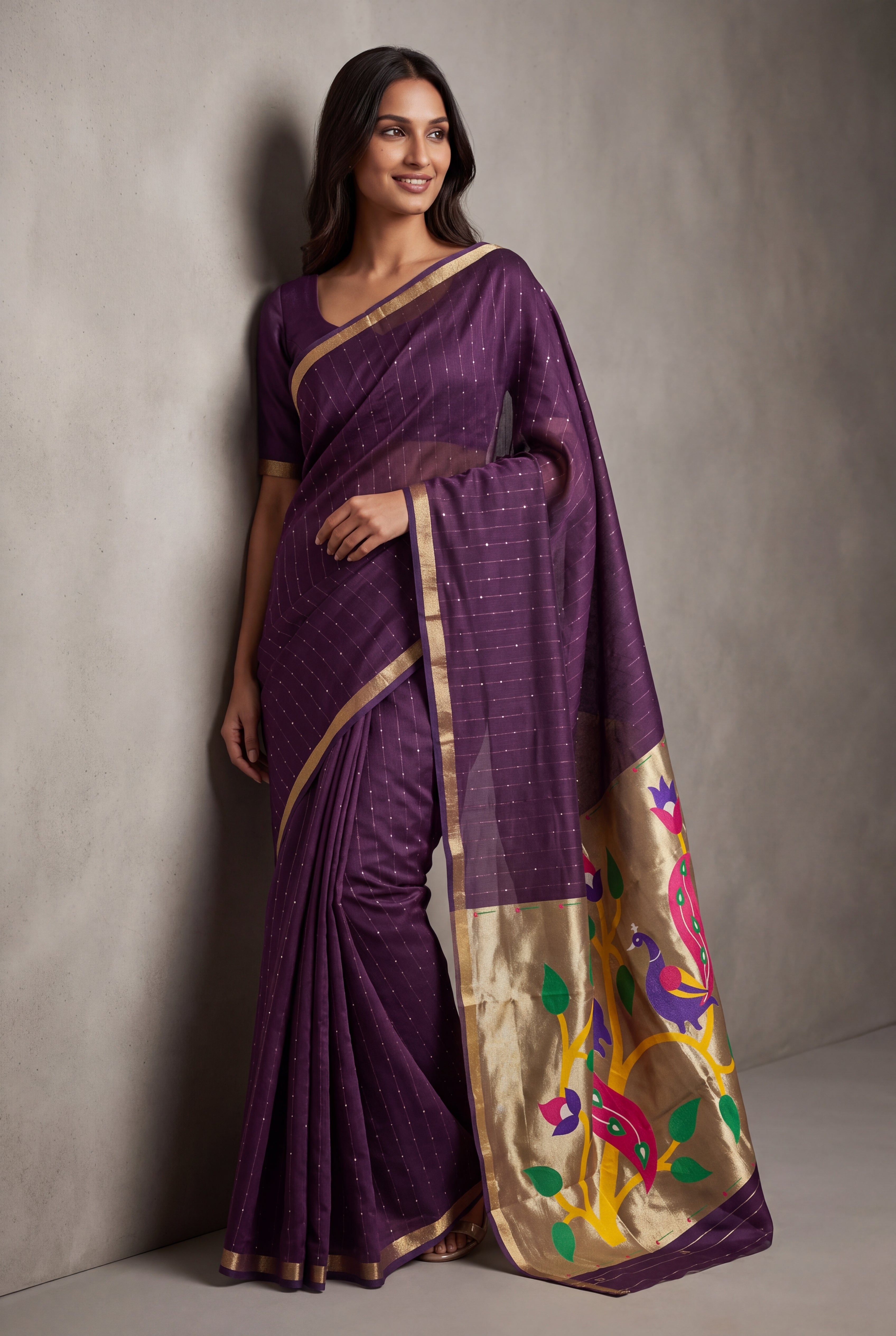 Plum Purple Jamdhani Cotton Paithani Saree with Zari Stripes, Sequins work and Mayūra-mithuna Pallu