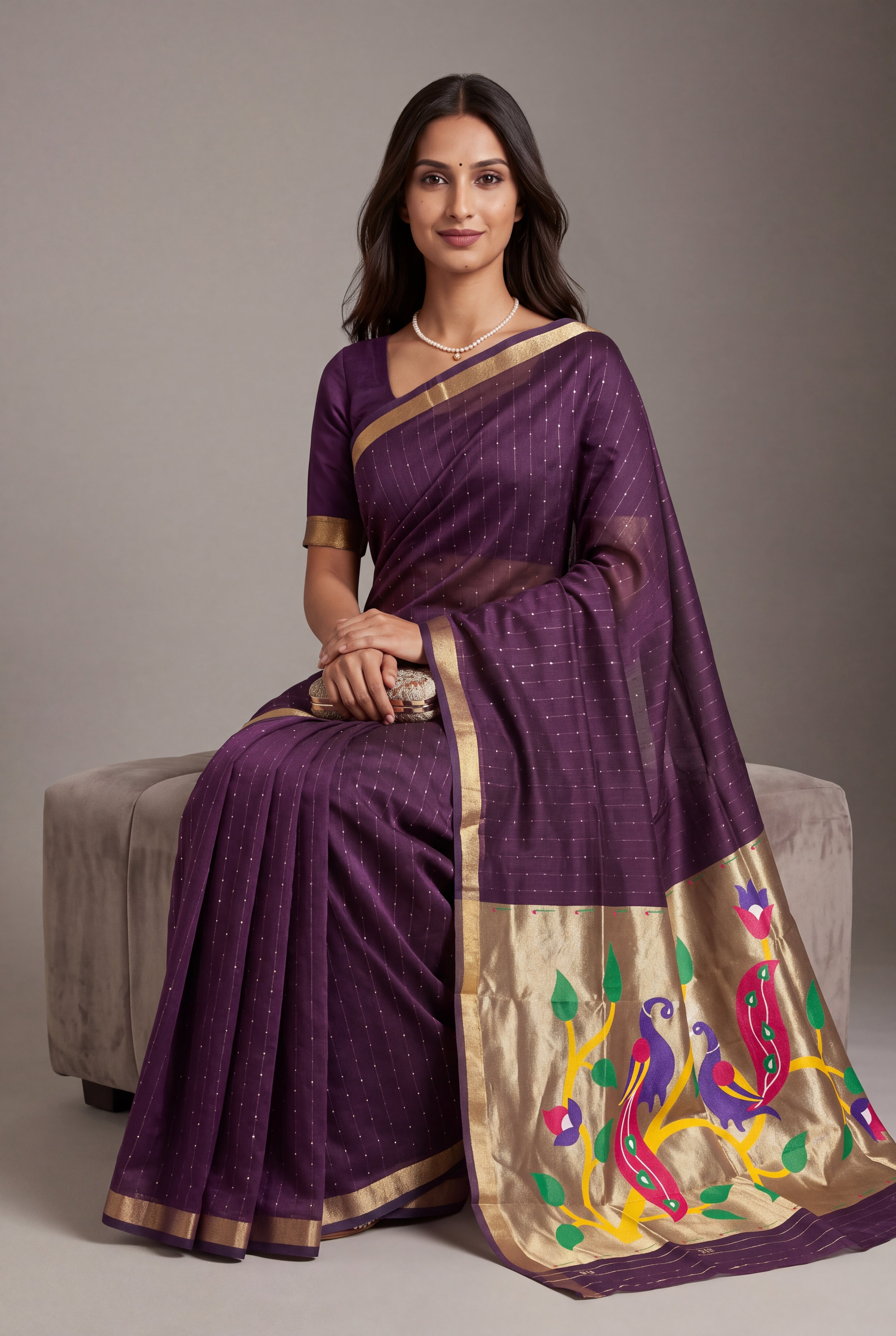 Plum Purple Jamdhani Cotton Paithani Saree with Zari Stripes, Sequins work and Mayūra-mithuna Pallu