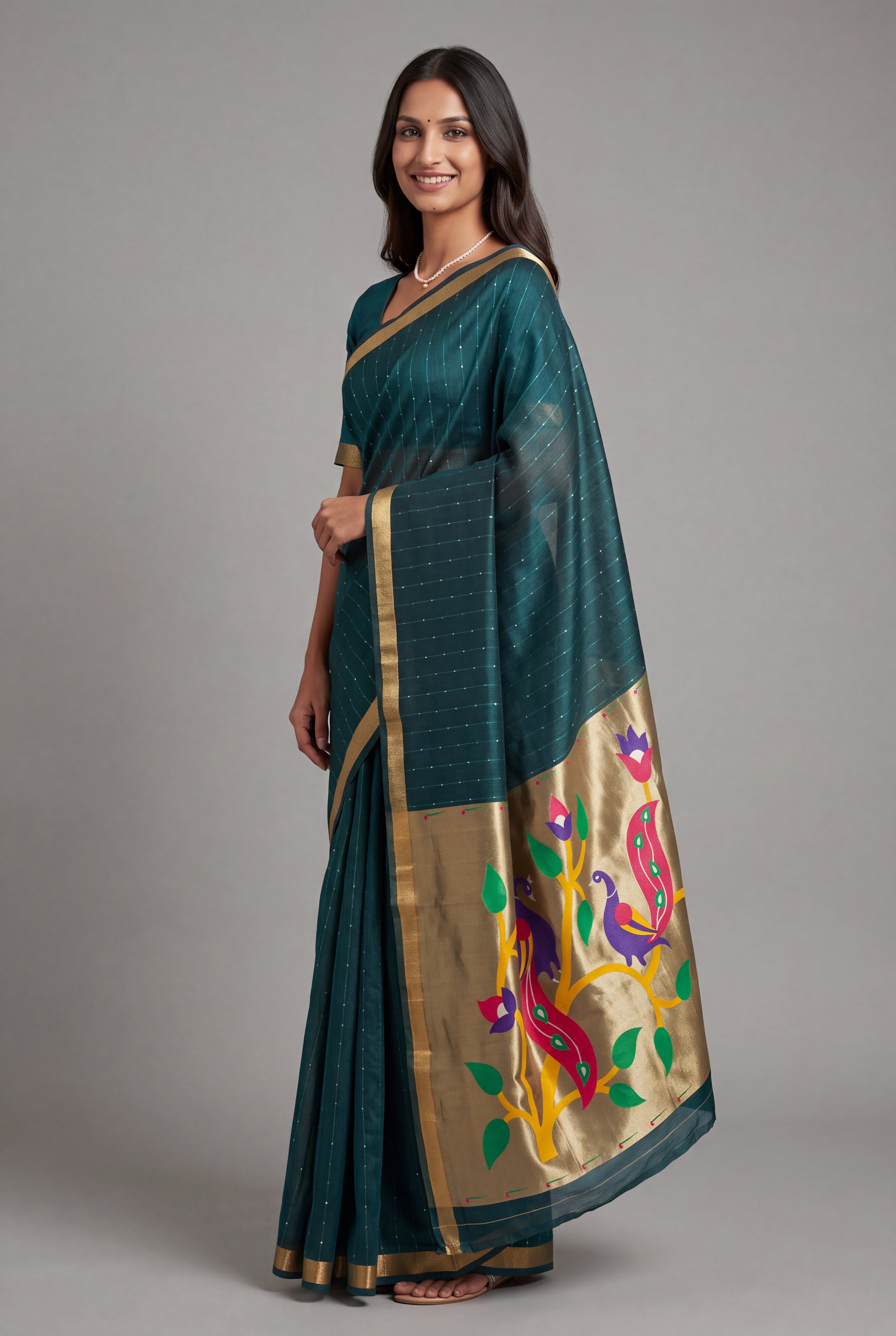 Peacock Blue Jamdhani Cotton Paithani Saree with Zari Stripes, Sequins work and Mayūra-mithuna Pallu