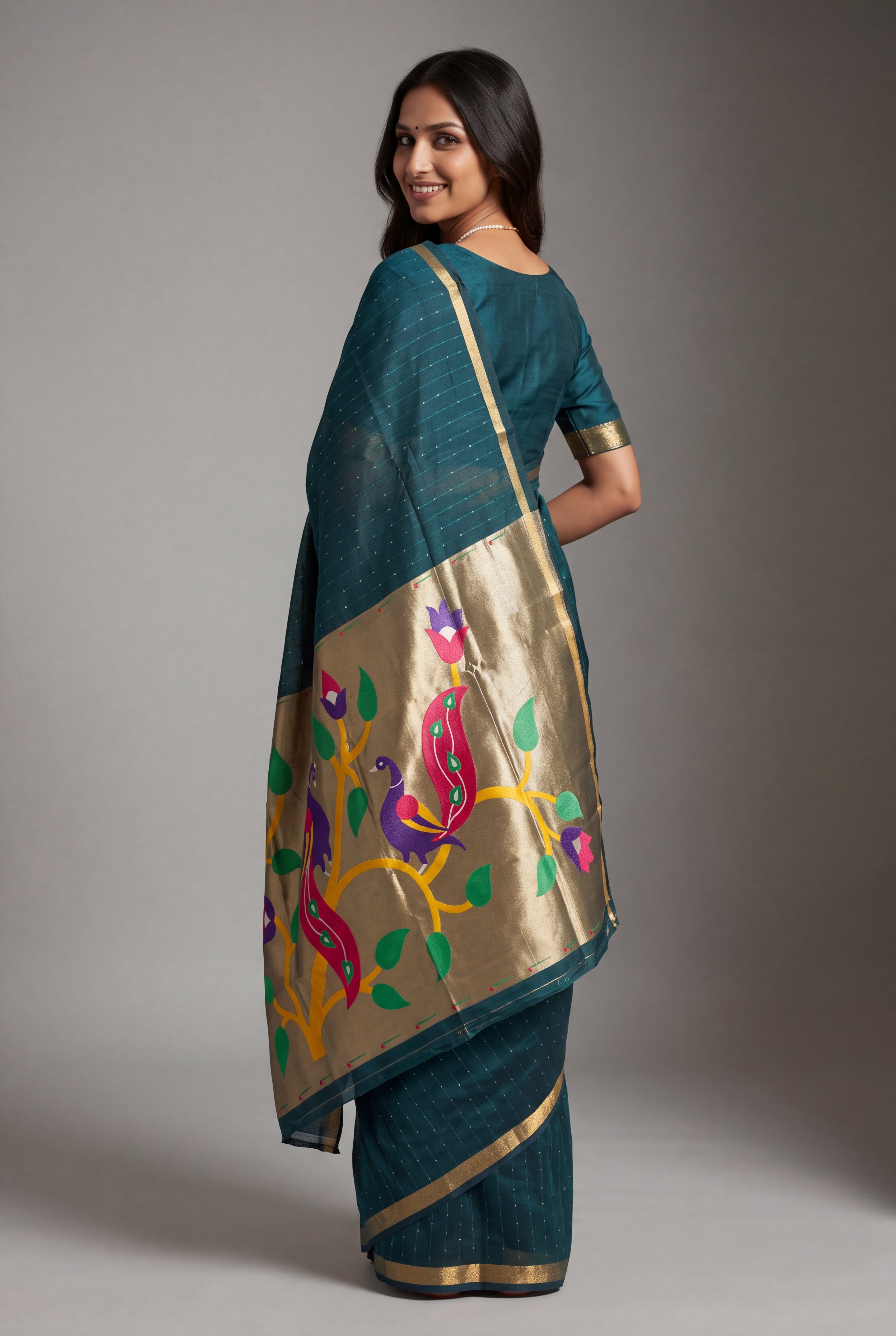 Peacock Blue Jamdhani Cotton Paithani Saree with Zari Stripes, Sequins work and Mayūra-mithuna Pallu