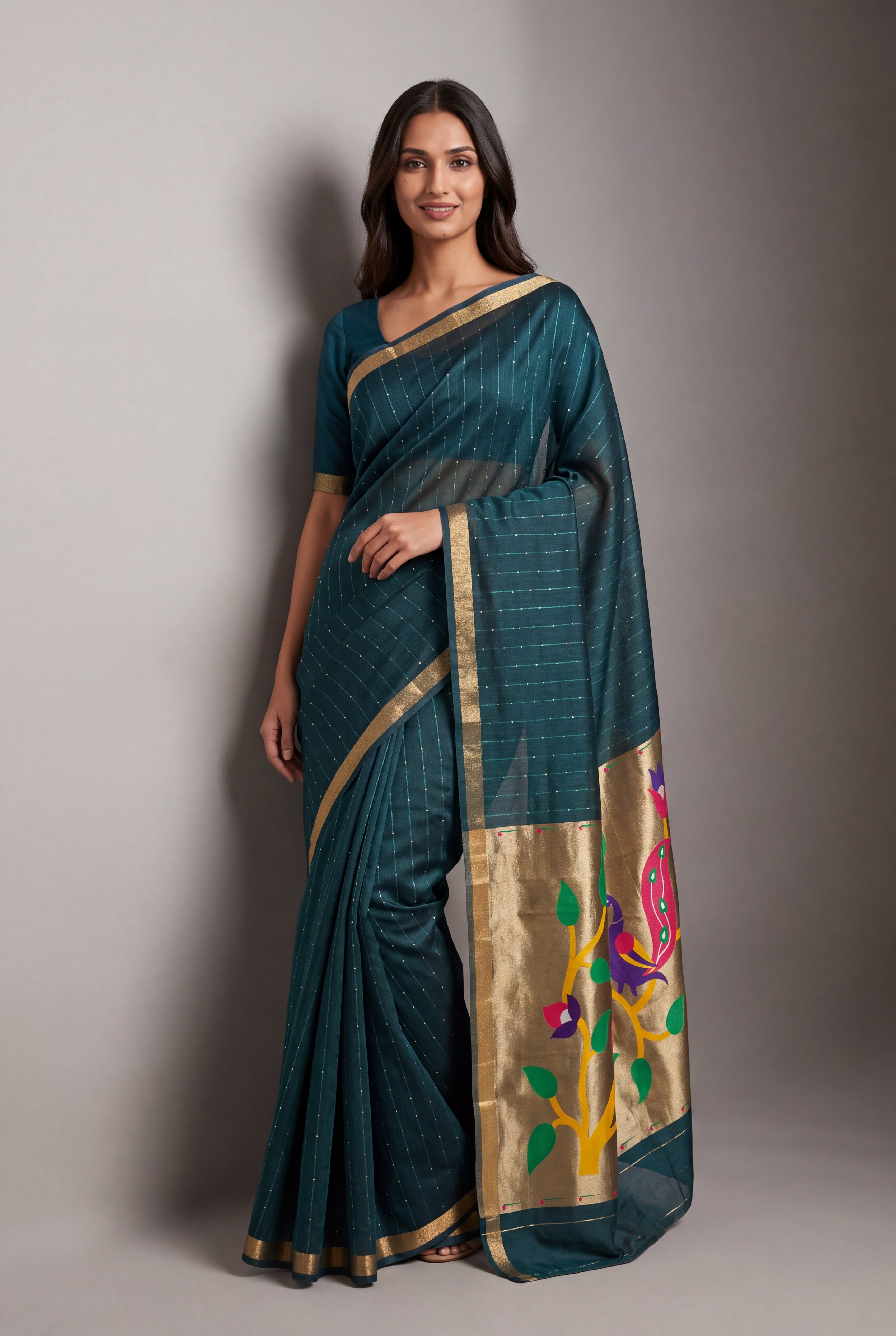 Peacock Blue Jamdhani Cotton Paithani Saree with Zari Stripes, Sequins work and Mayūra-mithuna Pallu