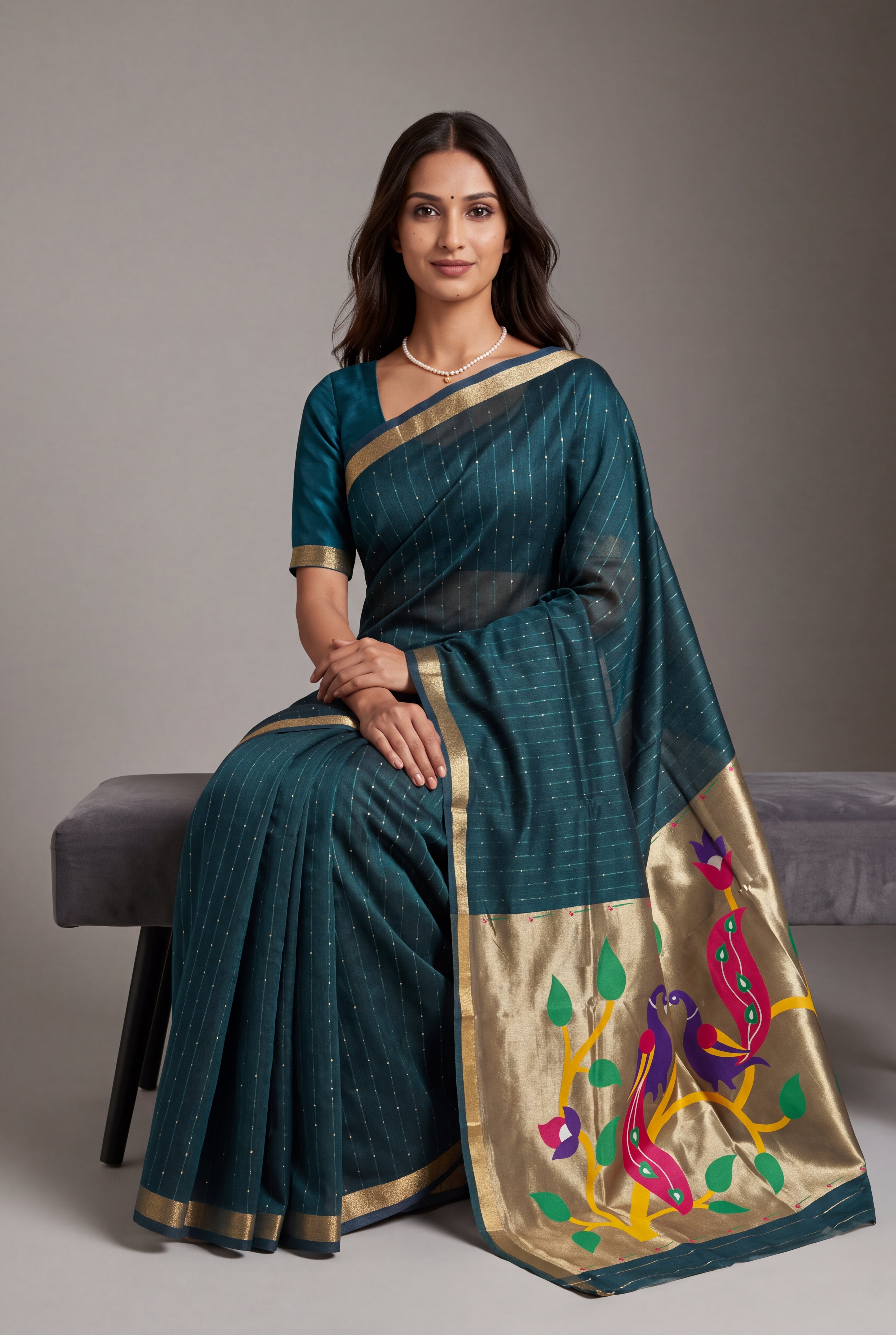 Peacock Blue Jamdhani Cotton Paithani Saree with Zari Stripes, Sequins work and Mayūra-mithuna Pallu