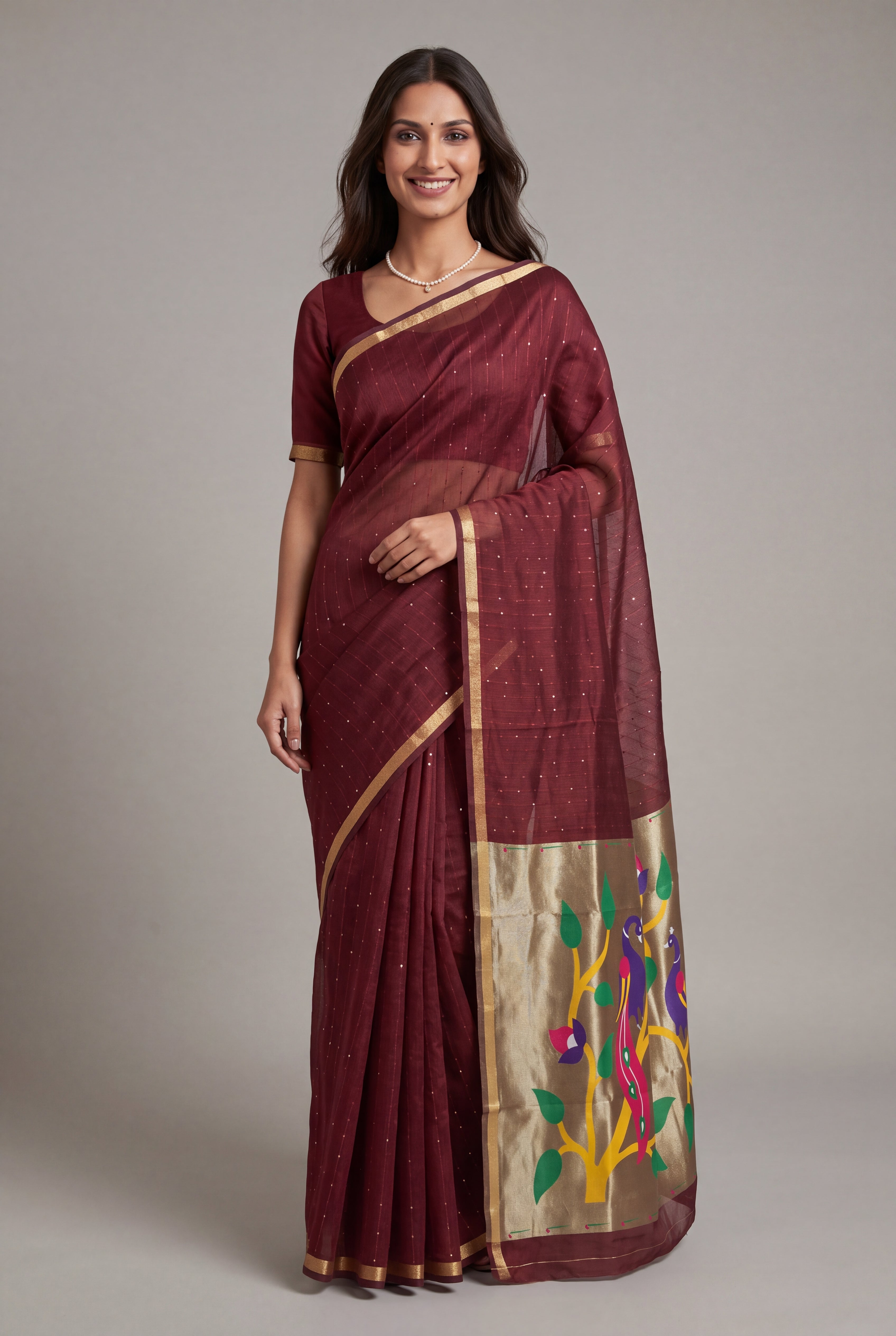 Burgundy Red Jamdhani Cotton Paithani Saree with Zari Stripes, Sequins work and Mayūra-mithuna Pallu