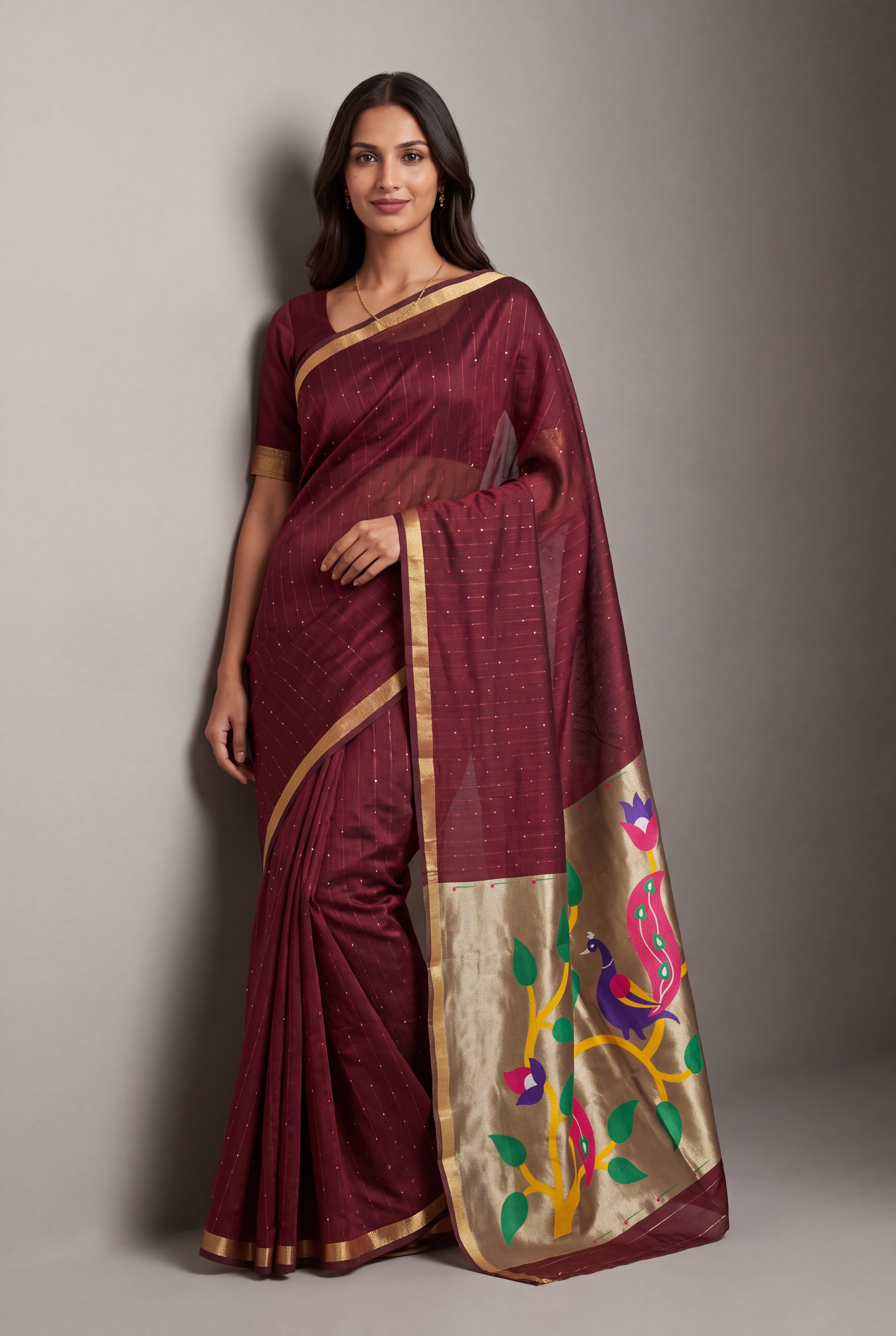 Burgundy Red Jamdhani Cotton Paithani Saree with Zari Stripes, Sequins work and Mayūra-mithuna Pallu