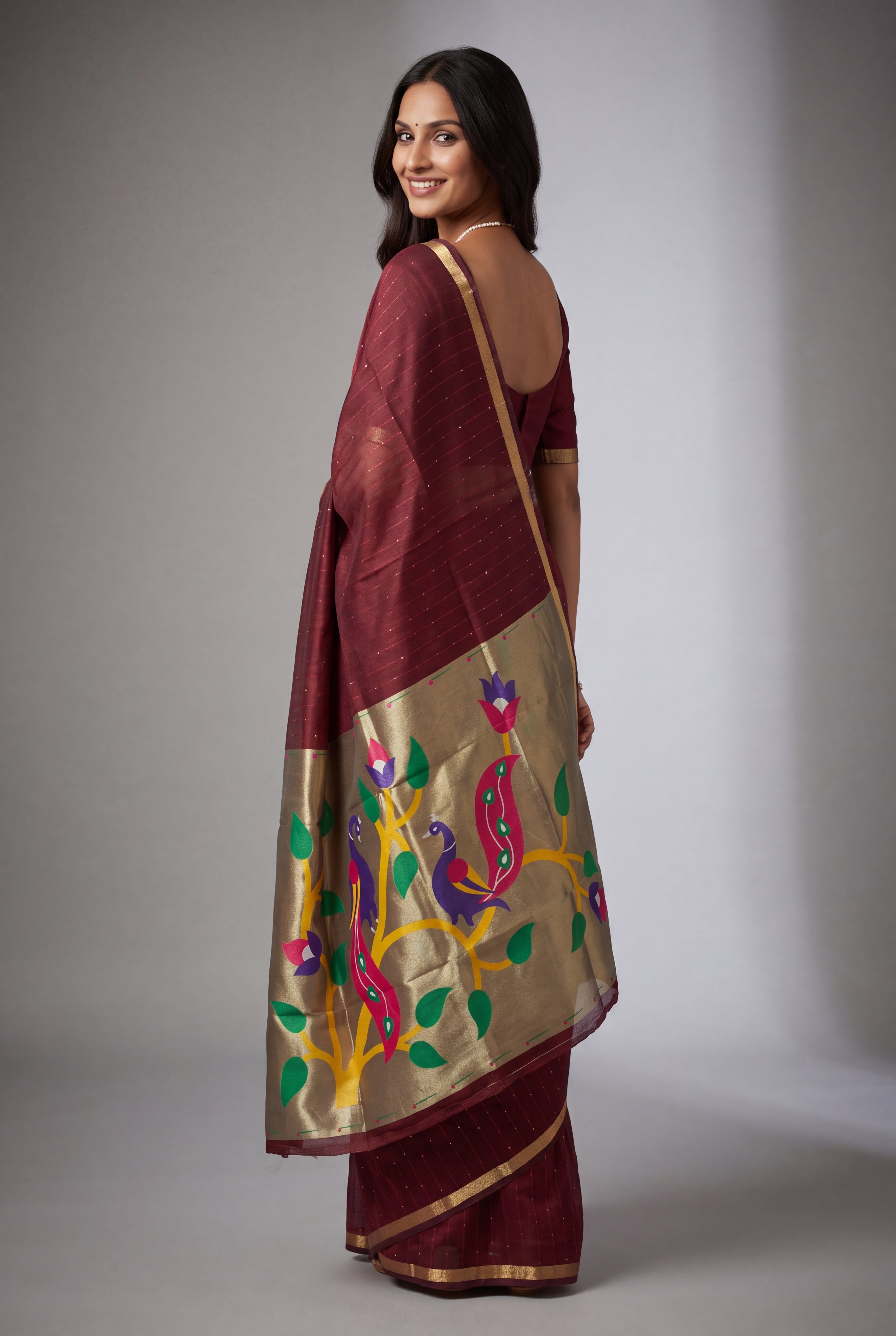 Burgundy Red Jamdhani Cotton Paithani Saree with Zari Stripes, Sequins work and Mayūra-mithuna Pallu