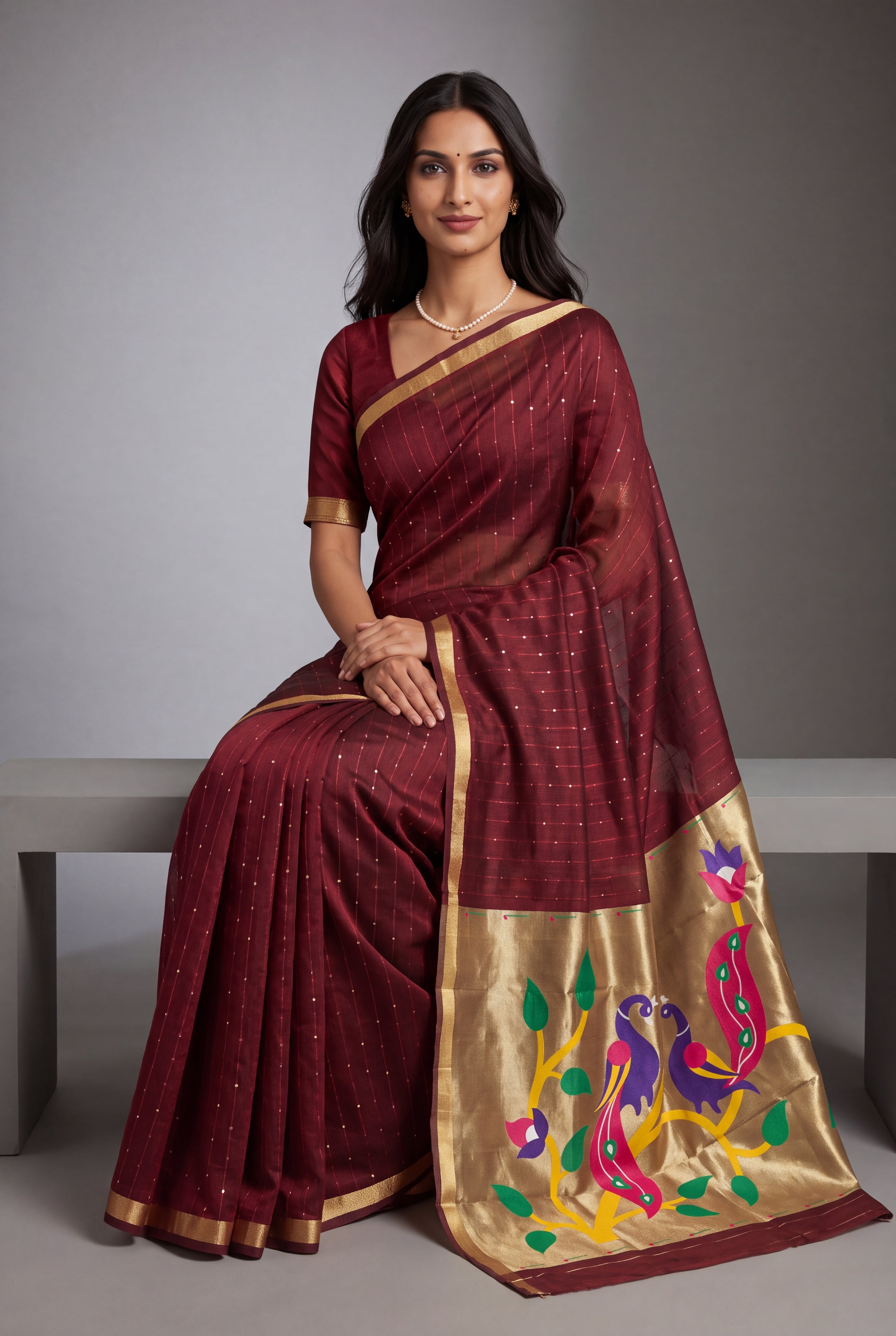Burgundy Red Jamdhani Cotton Paithani Saree with Zari Stripes, Sequins work and Mayūra-mithuna Pallu