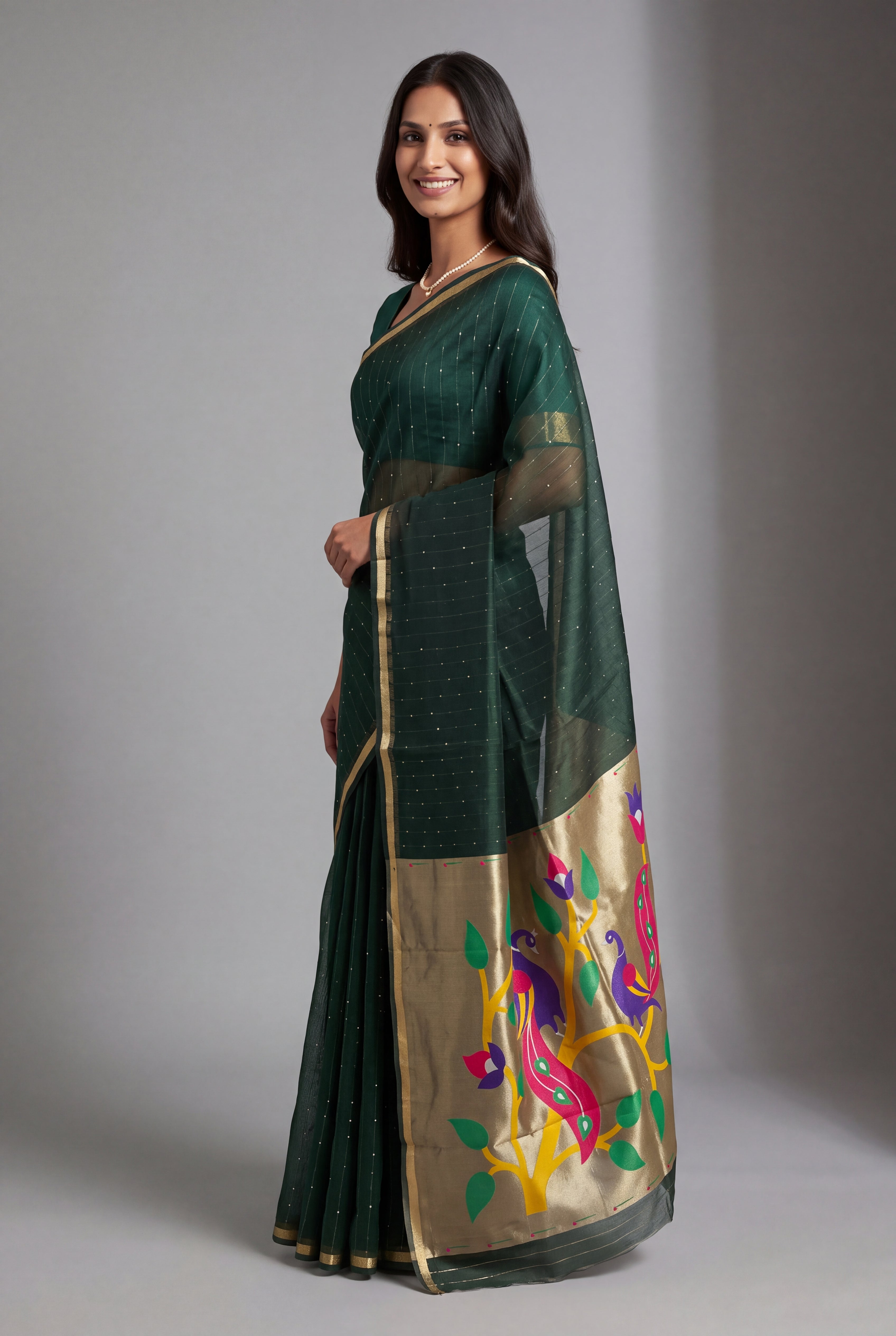 Bottle Green Jamdhani Cotton Paithani Saree with Zari Stripes, Sequins work and Mayūra-mithuna Pallu