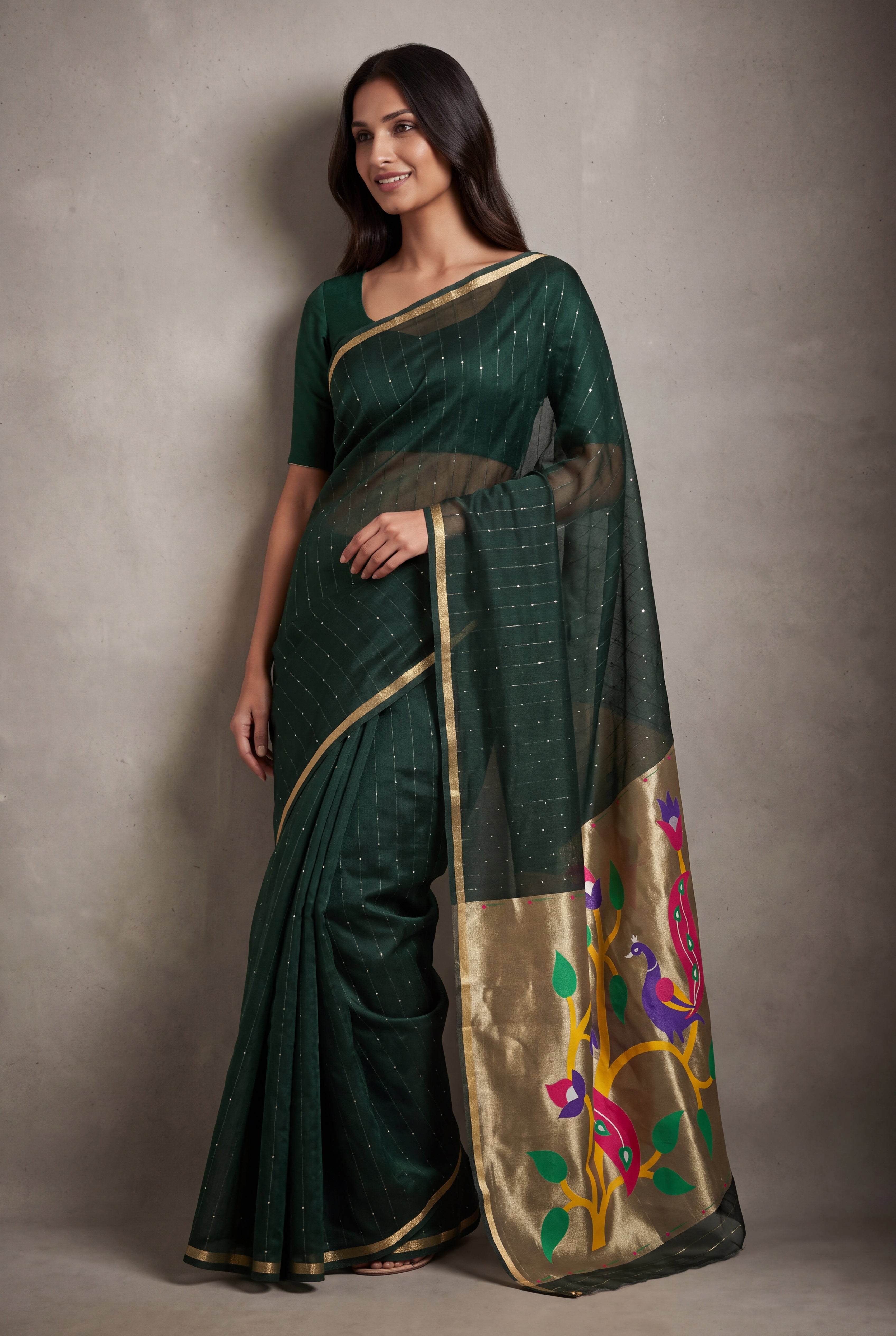 Bottle Green Jamdhani Cotton Paithani Saree with Zari Stripes, Sequins work and Mayūra-mithuna Pallu