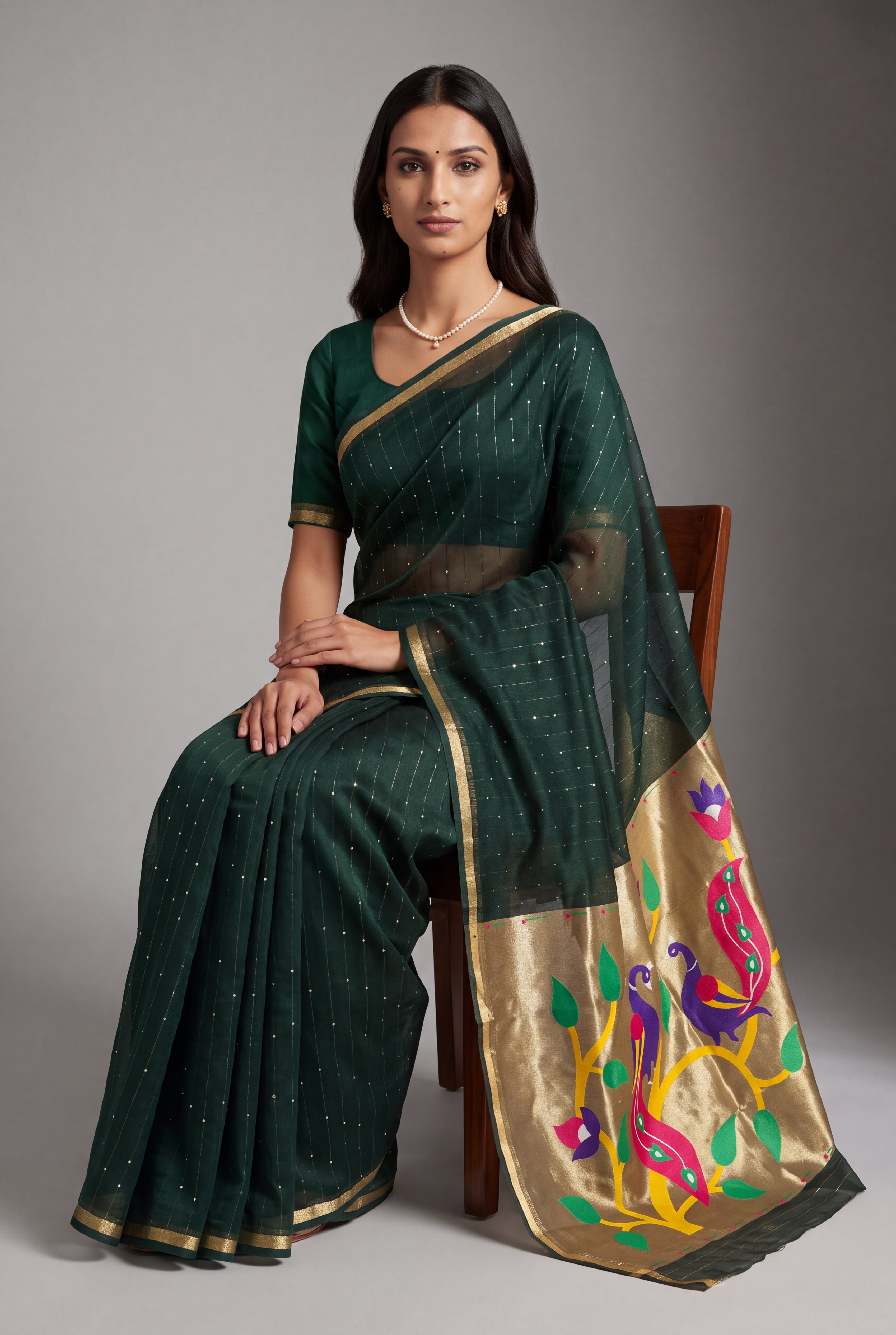 Bottle Green Jamdhani Cotton Paithani Saree with Zari Stripes, Sequins work and Mayūra-mithuna Pallu