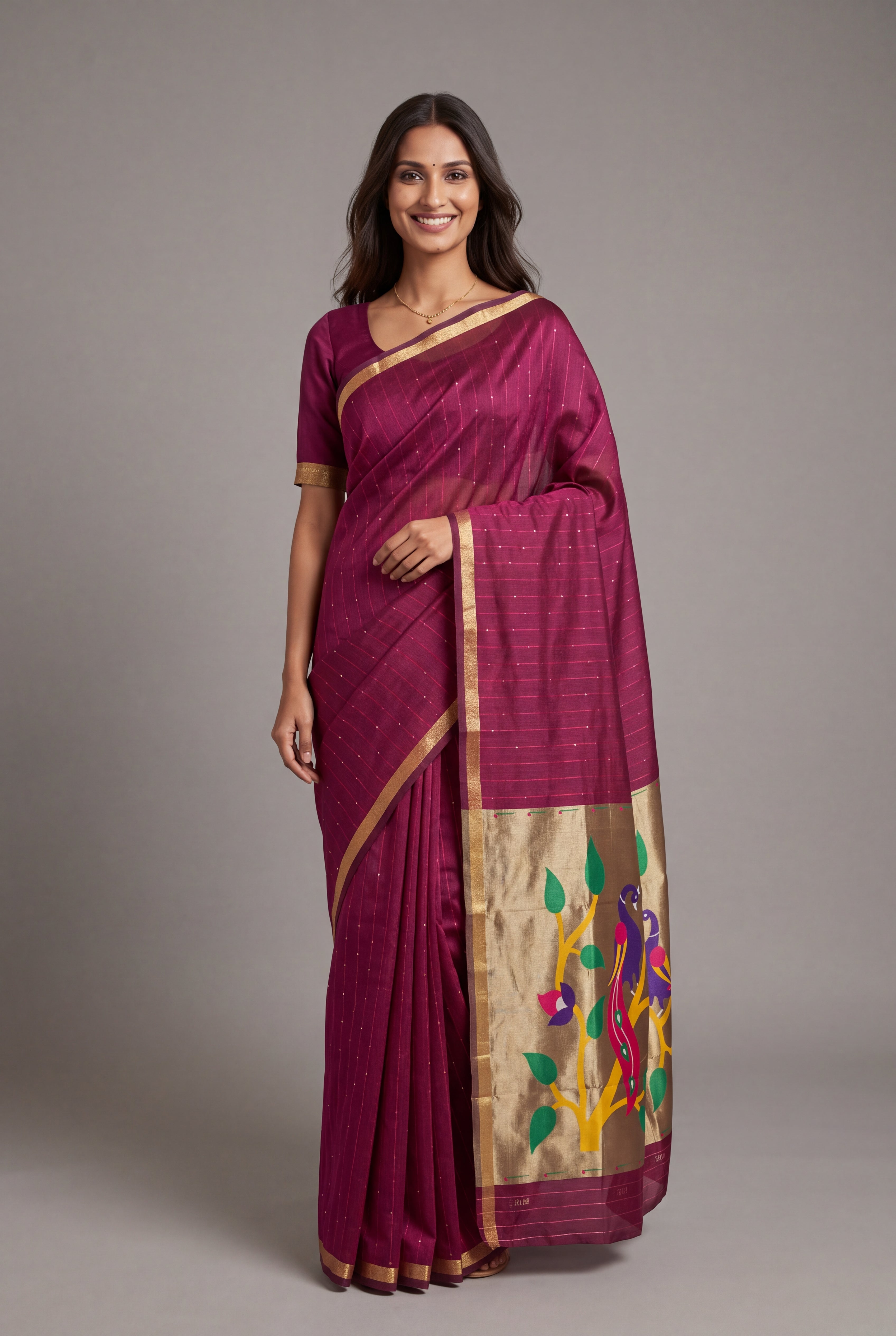 Rose Jamdhani Cotton Paithani Saree with Zari Stripes, Sequins work and Mayūra-mithuna Pallu