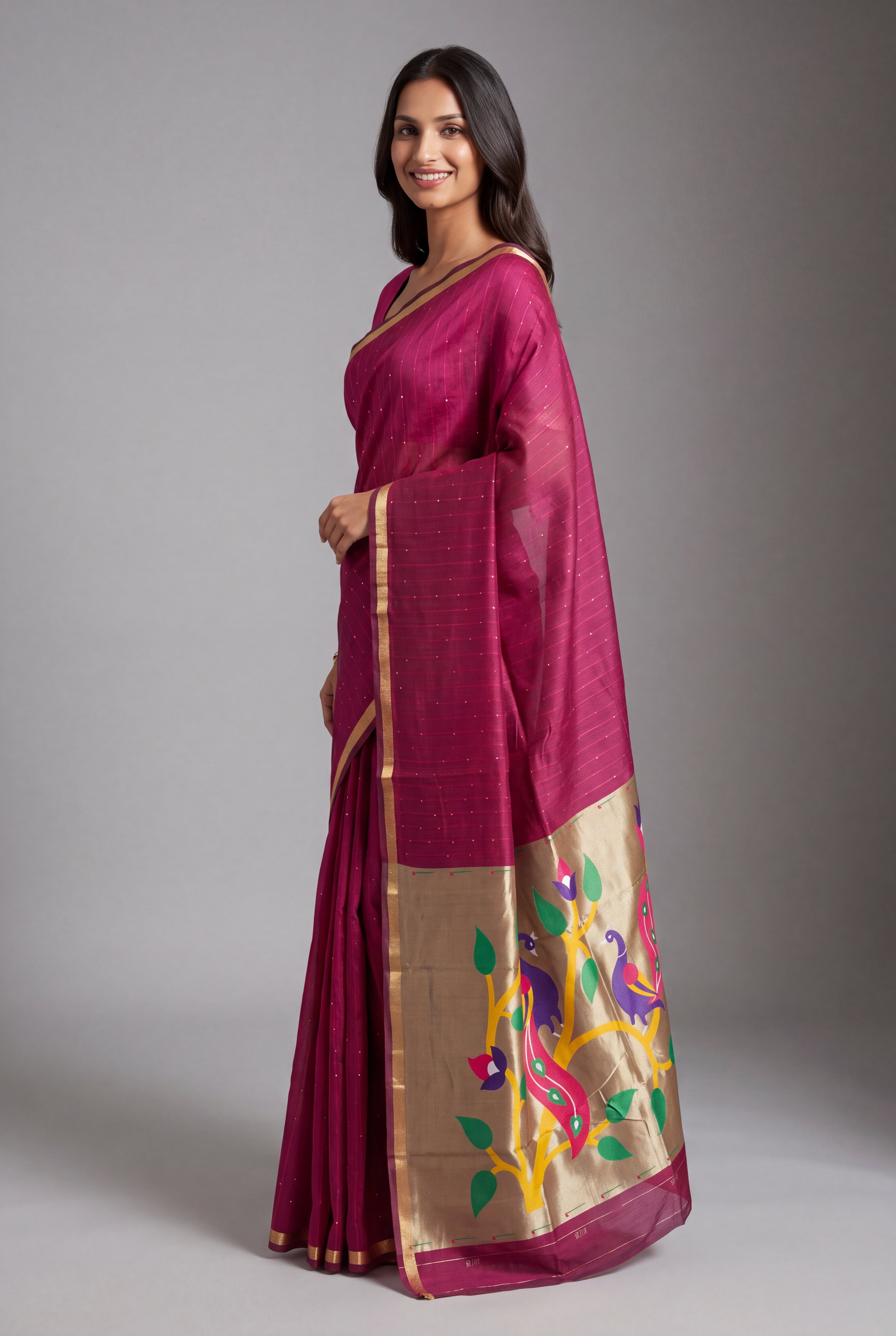 Rose Jamdhani Cotton Paithani Saree with Zari Stripes, Sequins work and Mayūra-mithuna Pallu