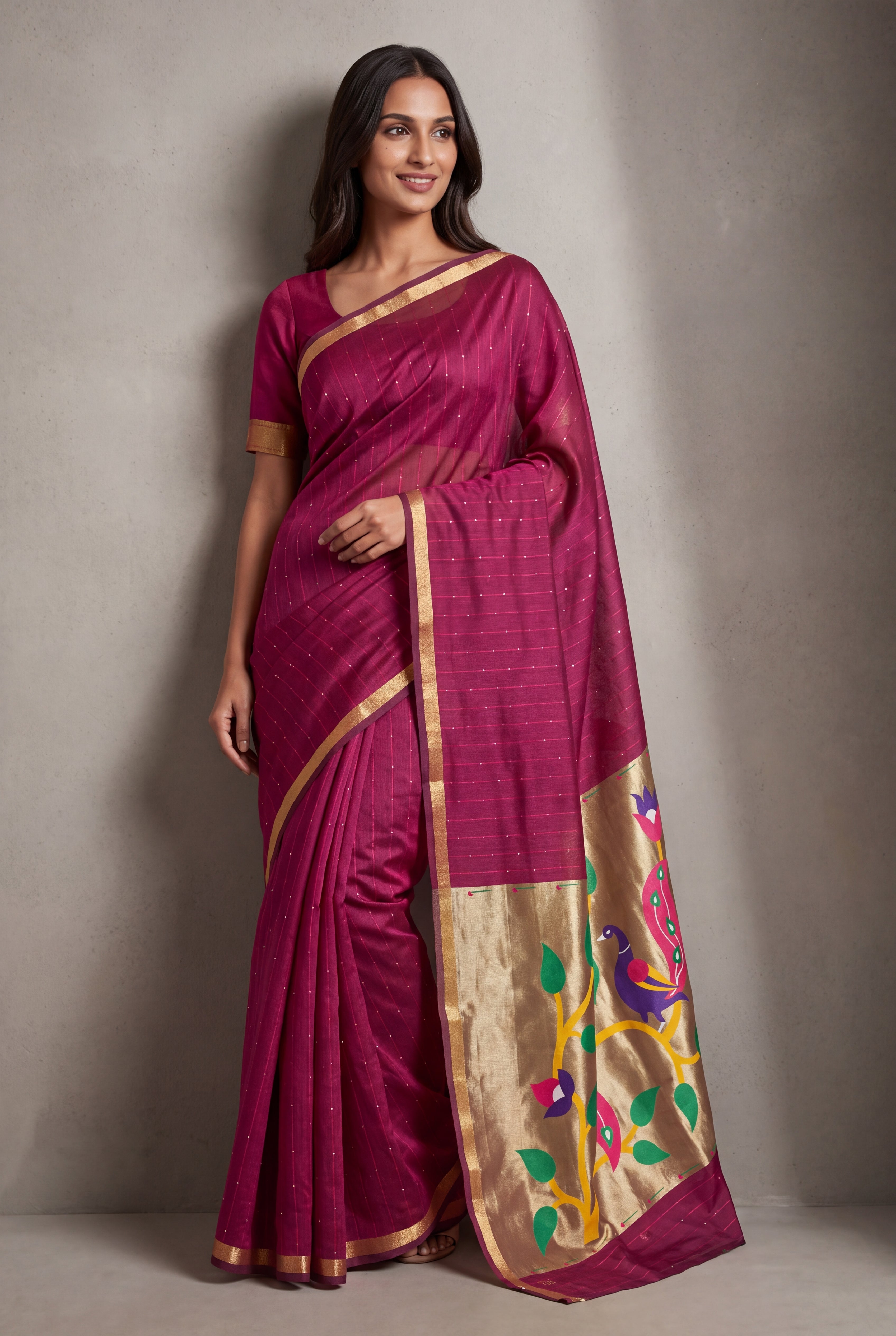 Rose Jamdhani Cotton Paithani Saree with Zari Stripes, Sequins work and Mayūra-mithuna Pallu