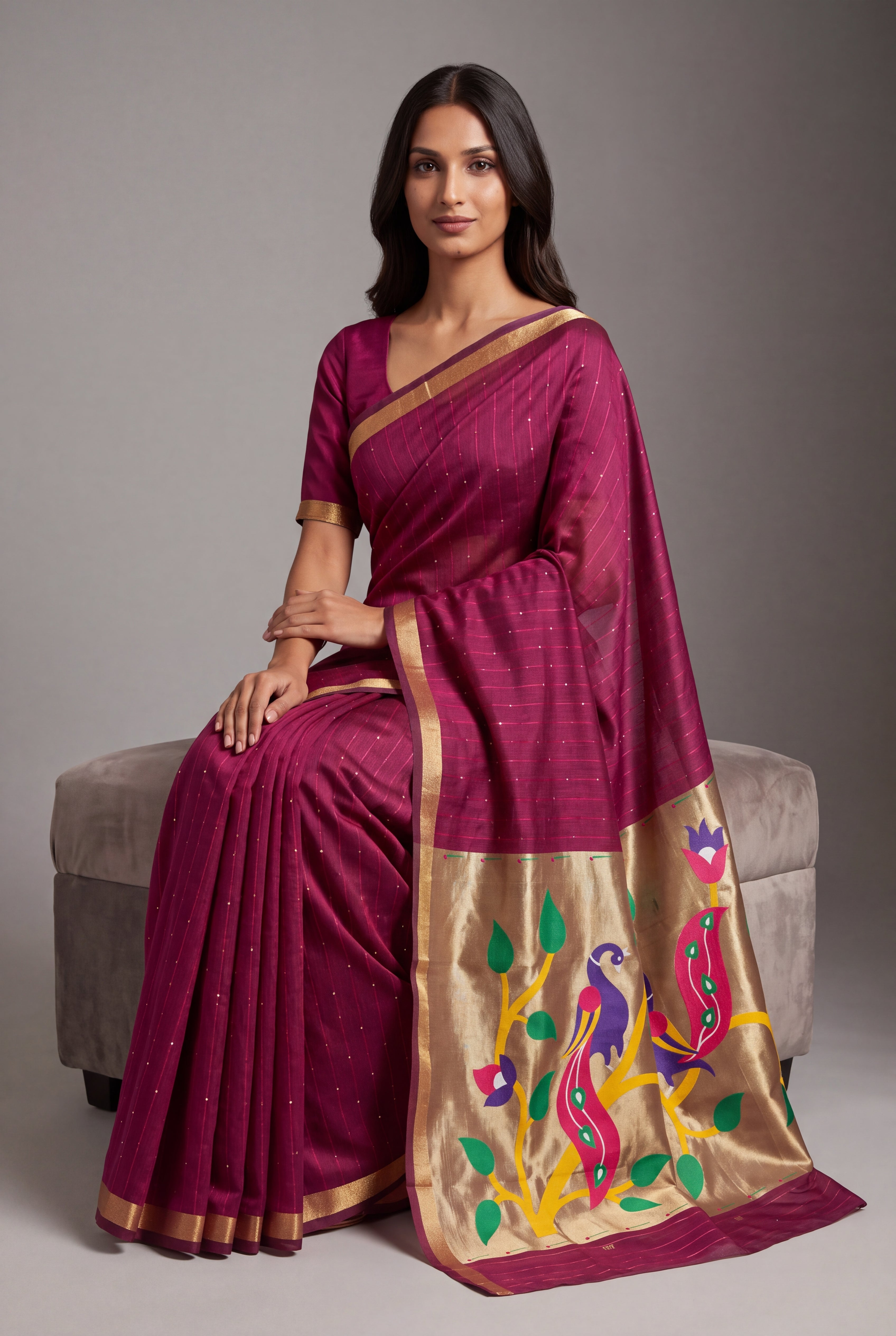 Rose Jamdhani Cotton Paithani Saree with Zari Stripes, Sequins work and Mayūra-mithuna Pallu