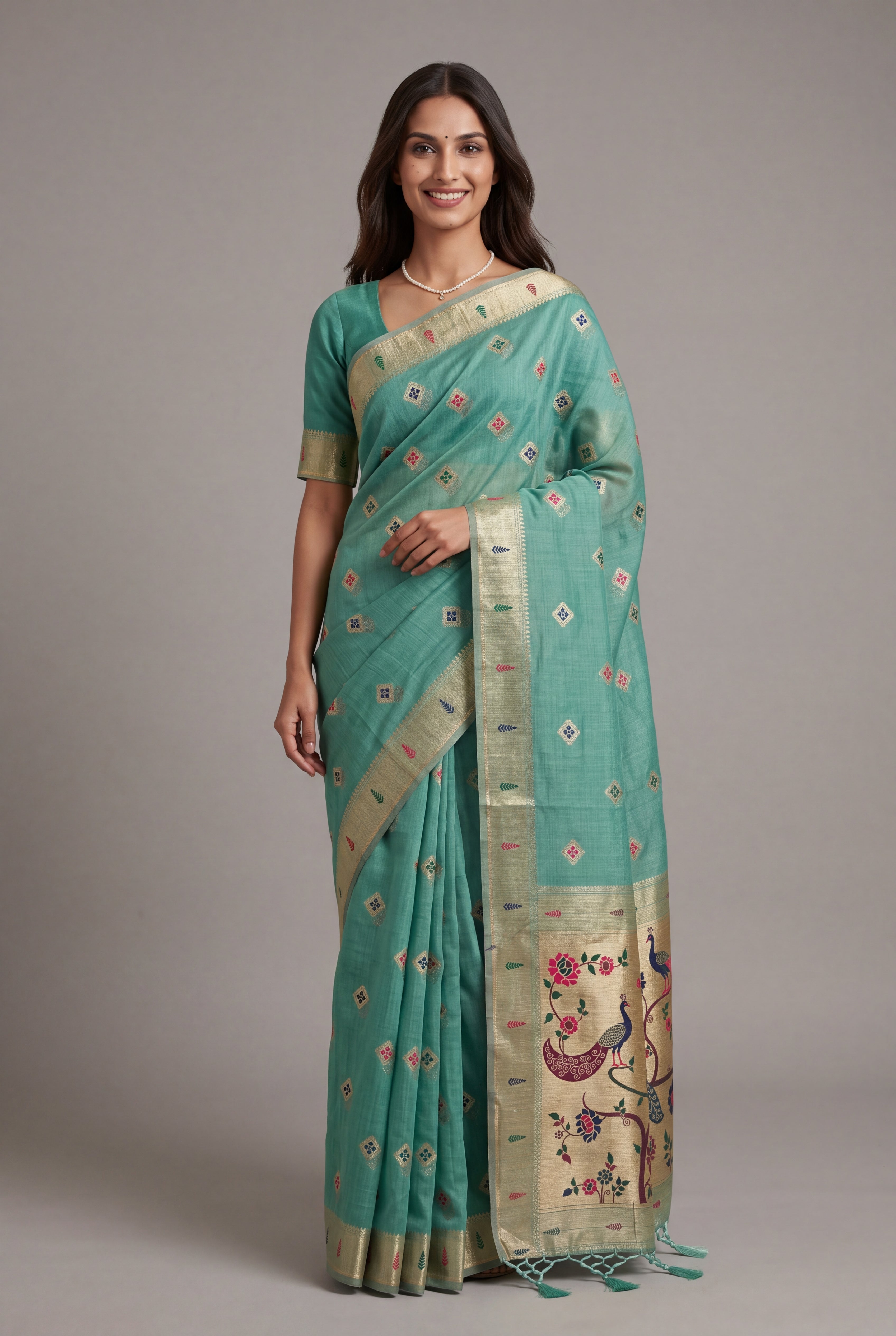 Sea Green Cotton Paithani Saree with Vṛkṣa border and Nīlamaṇi Pallu