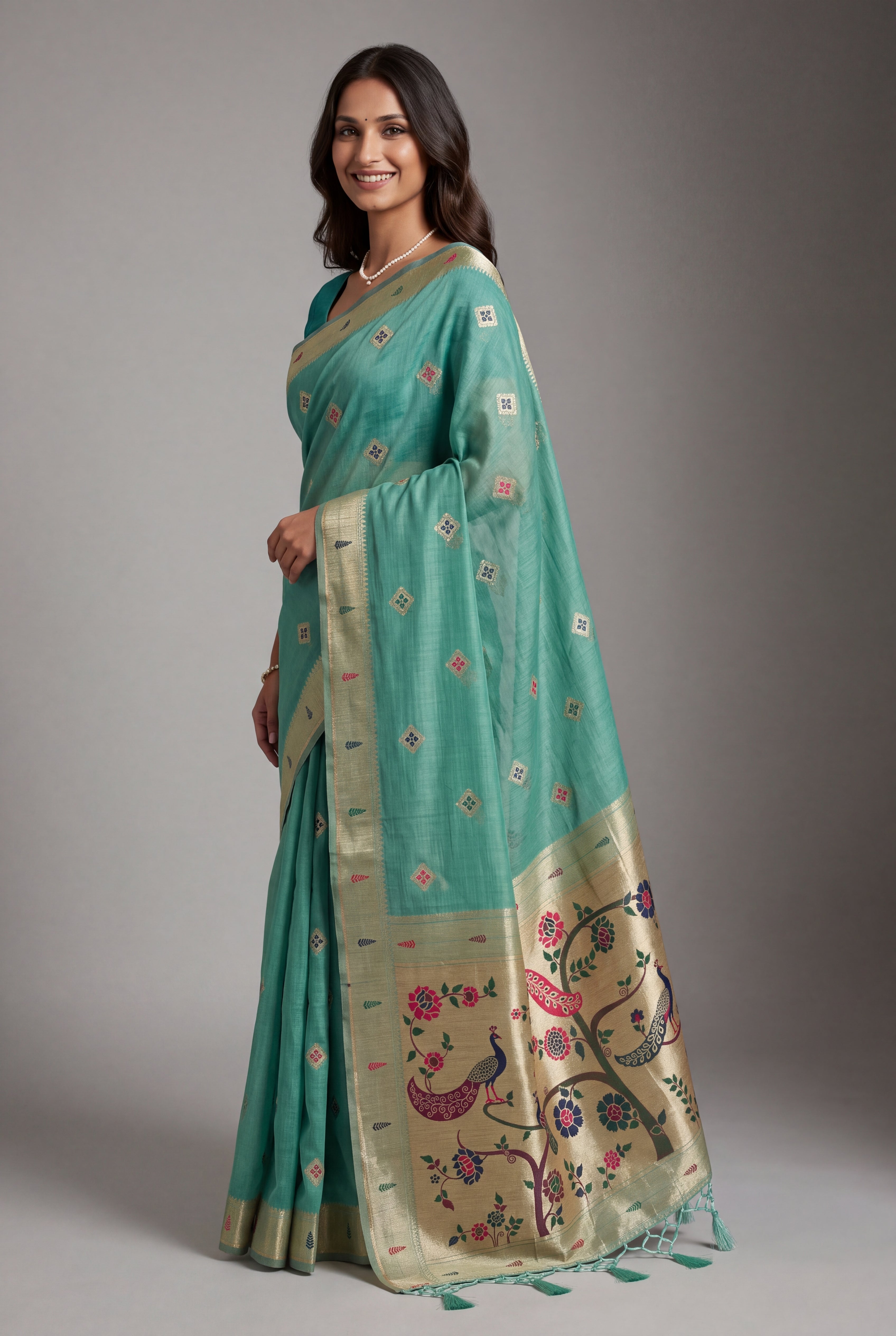 Sea Green Cotton Paithani Saree with Vṛkṣa border and Nīlamaṇi Pallu