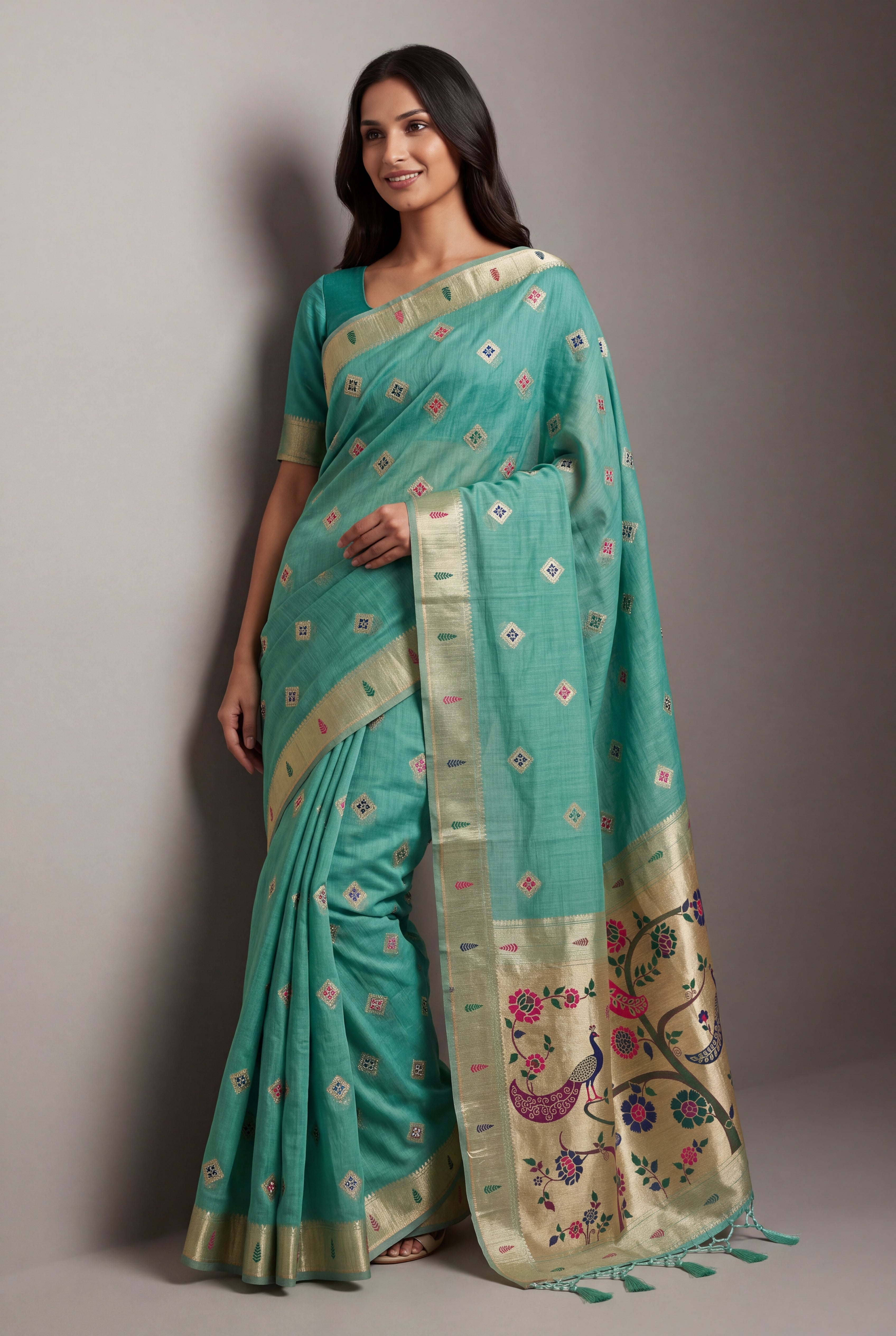 Sea Green Cotton Paithani Saree with Vṛkṣa border and Nīlamaṇi Pallu