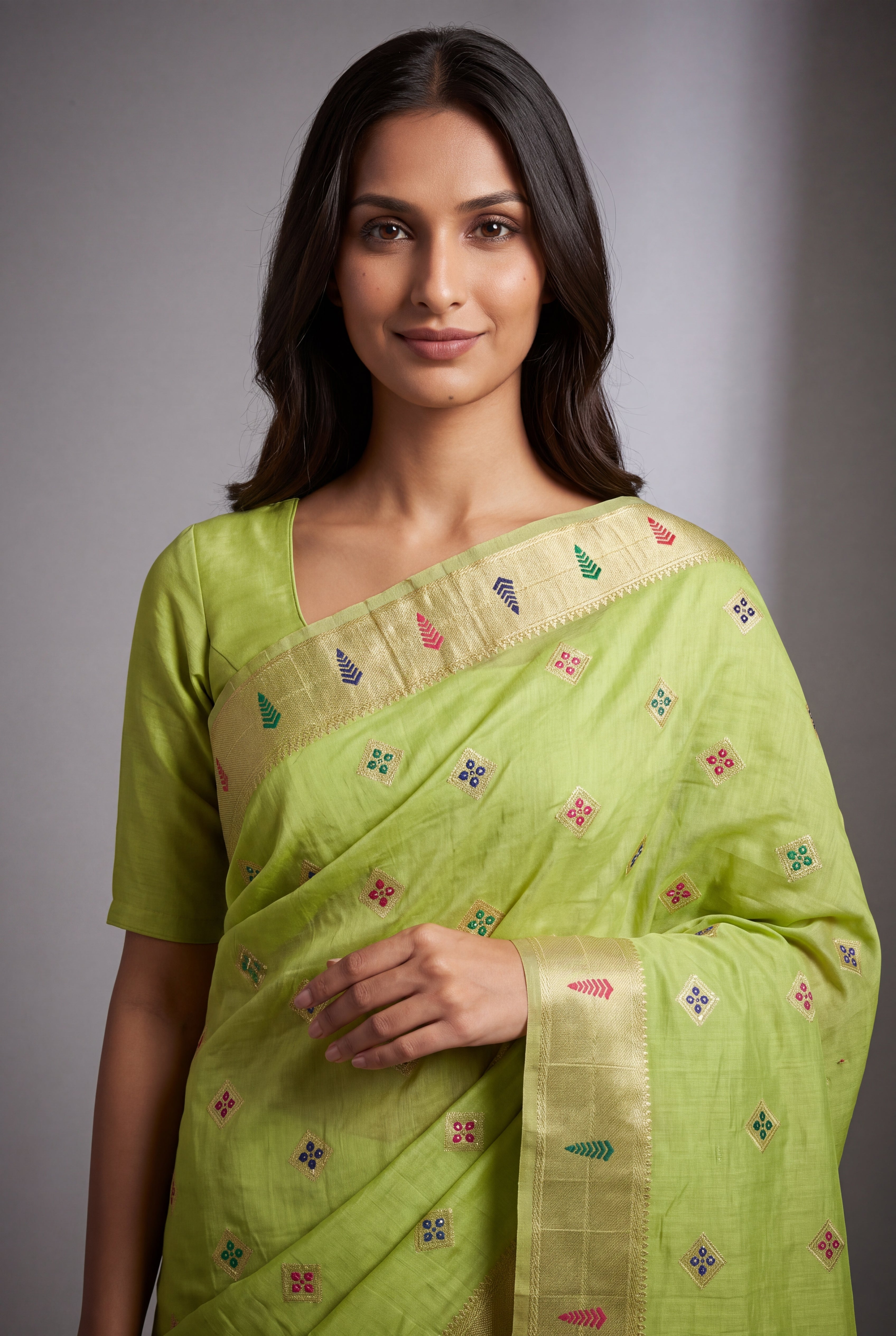 Pastel Green Cotton Paithani Saree with Vṛkṣa border and Nīlamaṇi Pallu