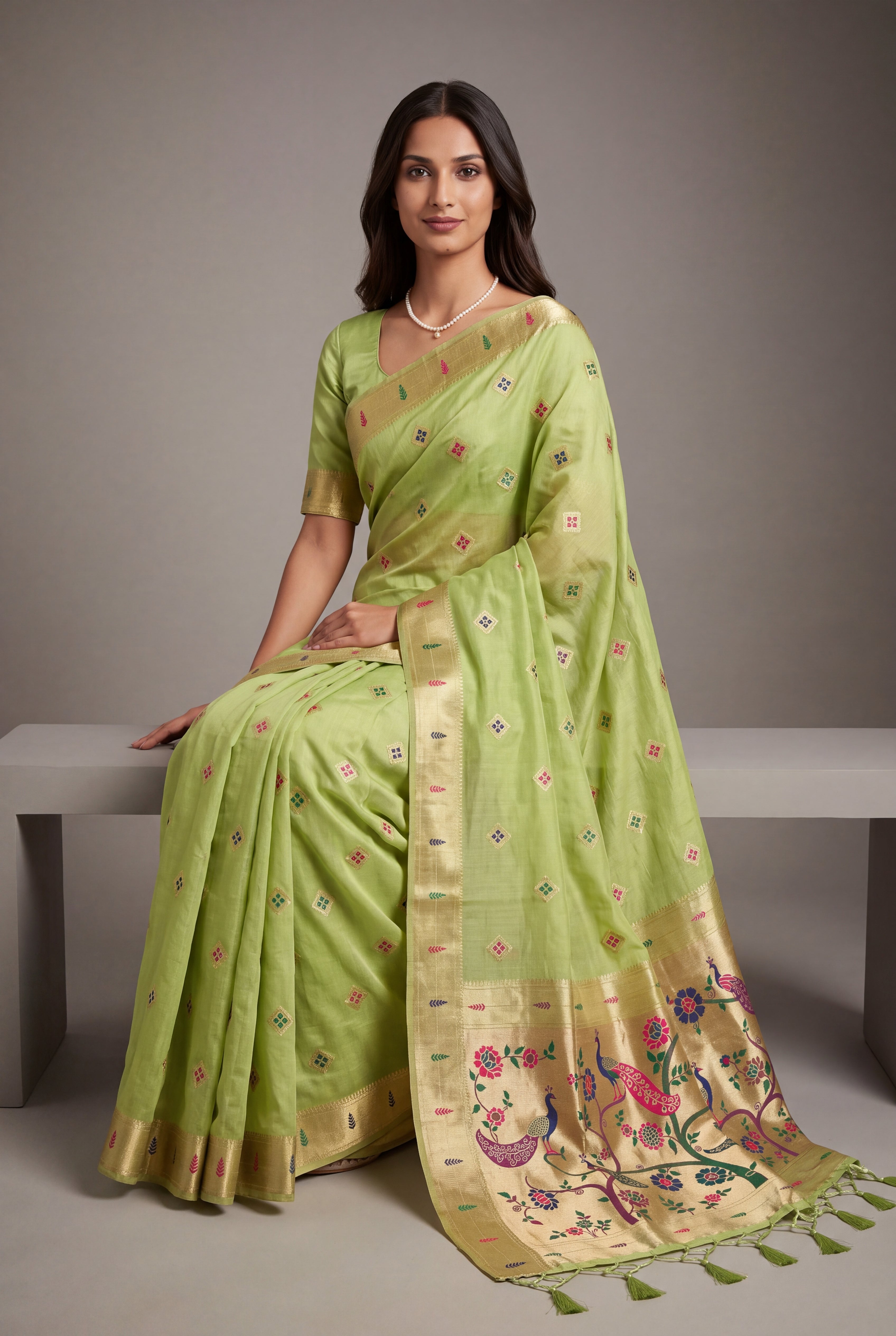 Pastel Green Cotton Paithani Saree with Vṛkṣa border and Nīlamaṇi Pallu